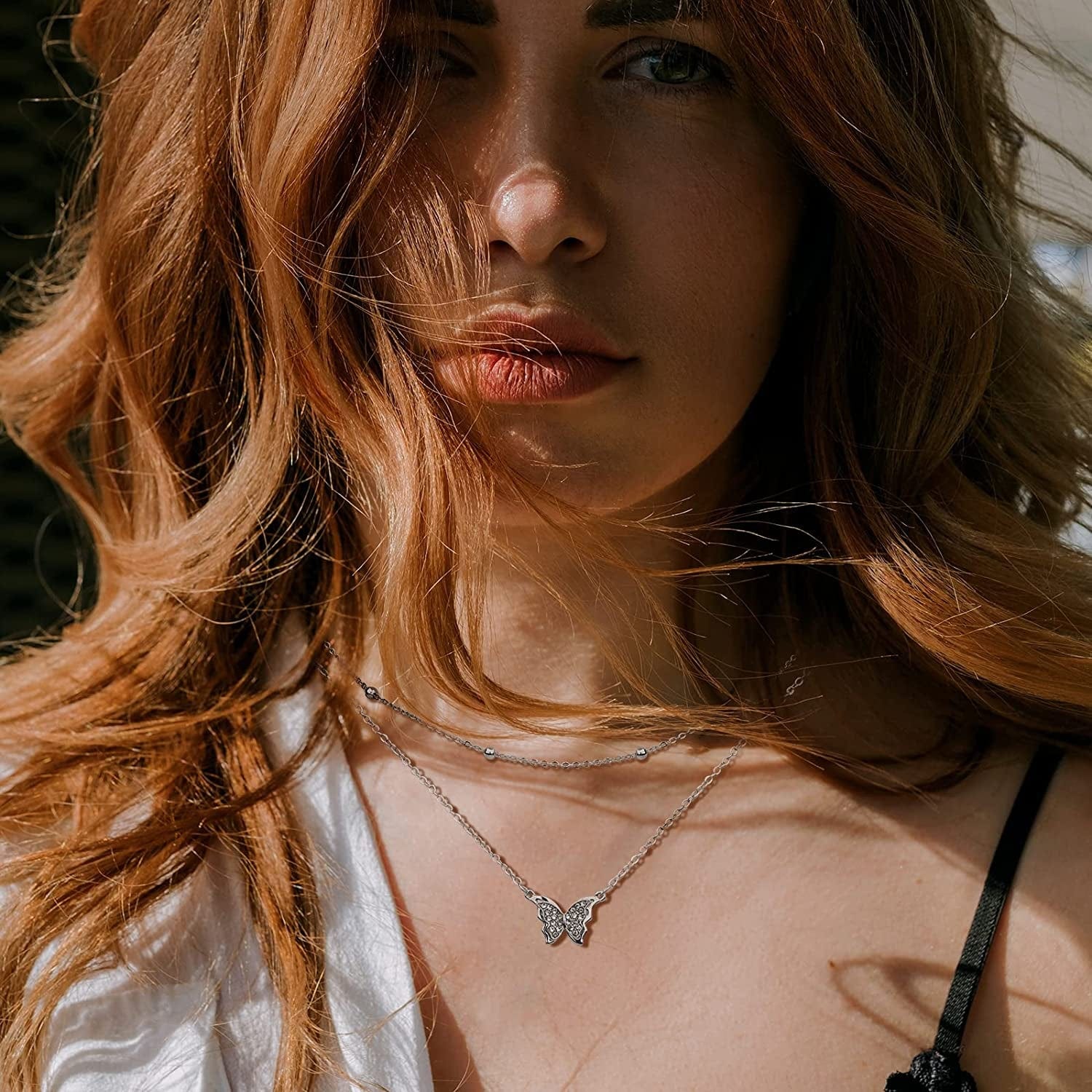 Butterfly Pendant Necklace for Cute Girls, 14K Gold Plated Handmade Hollow Layered Necklace for Women Birthday