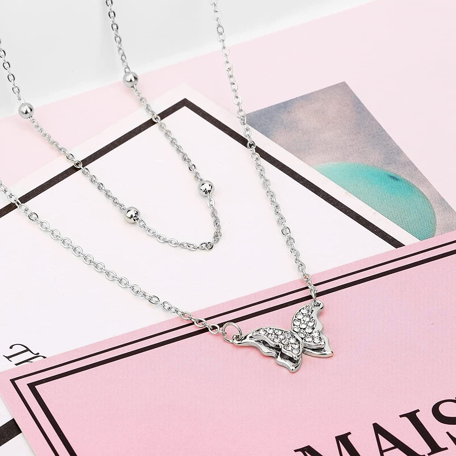 Butterfly Pendant Necklace for Cute Girls, 14K Gold Plated Handmade Hollow Layered Necklace for Women Birthday