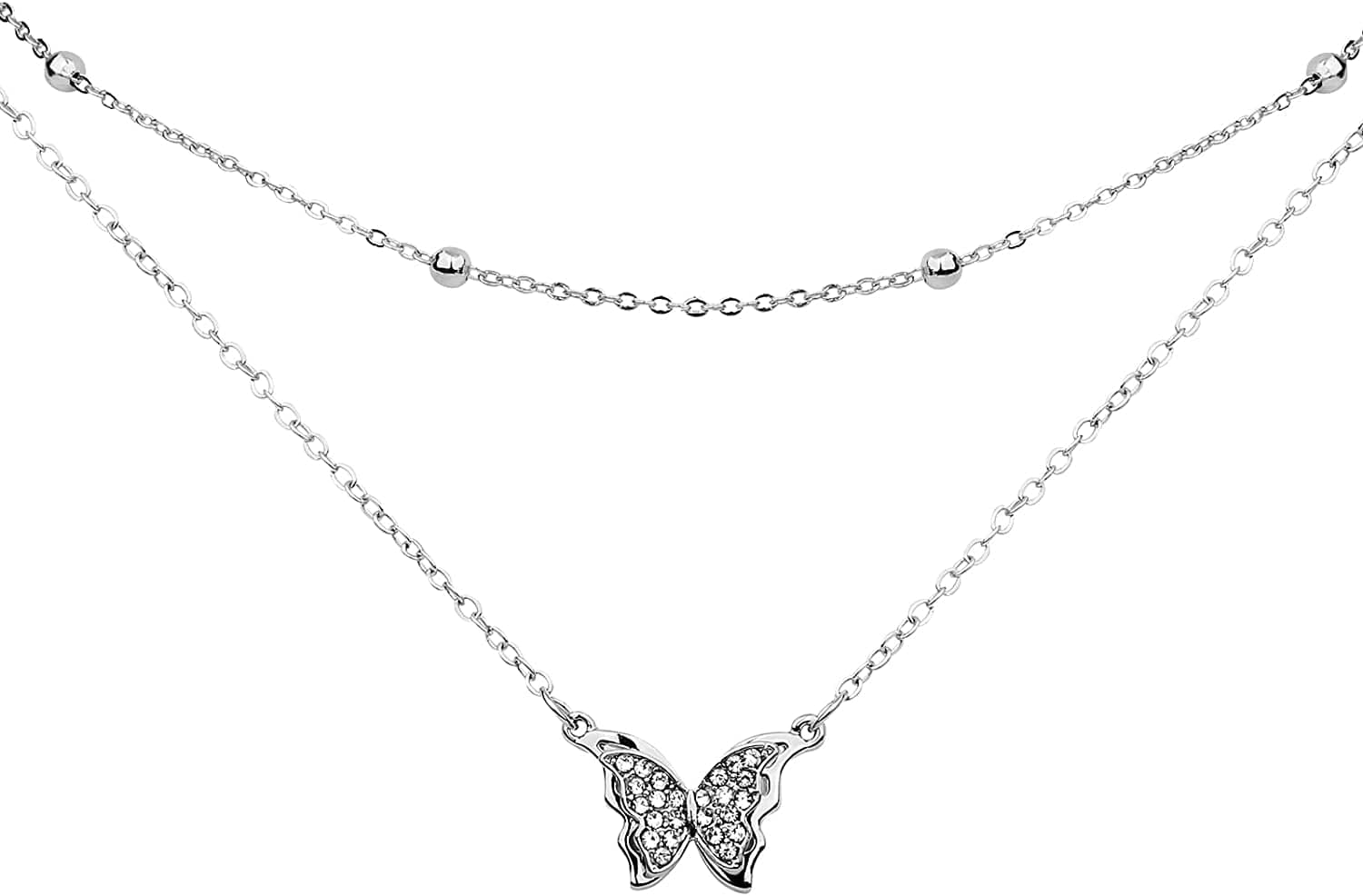 Butterfly Pendant Necklace for Cute Girls, 14K Gold Plated Handmade Hollow Layered Necklace for Women Birthday Silver