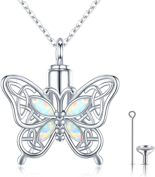 Butterfly Urn Necklace for Ashes for Women 925 Sterling Silver Celtic Knot Irish Necklace Cremation Jewelry for Ashes for Human Keepsake Memorial Jewelry Gifts for Ashes for Mom Men A-Opal Necklace
