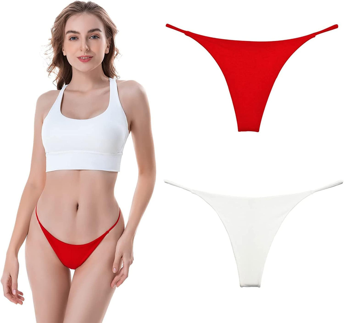 BY.ECG Cotton Thong for Women Sexy Seamless G String Underwear G-String 2 Pack Set White/Red / Medium