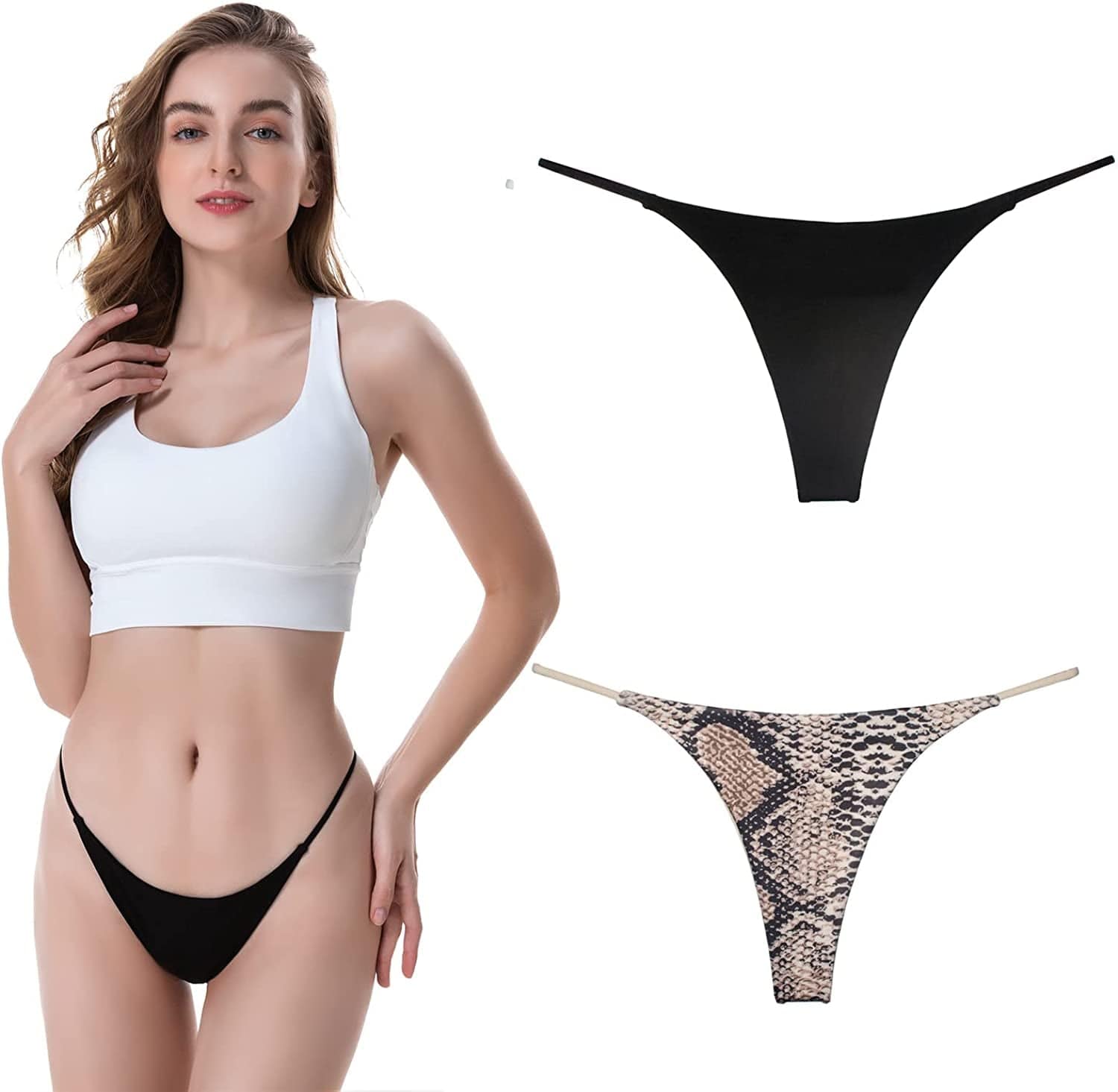 BY.ECG Cotton Thong for Women Sexy Seamless G String Underwear G-String 2 Pack Set Black/Snake / X-Small