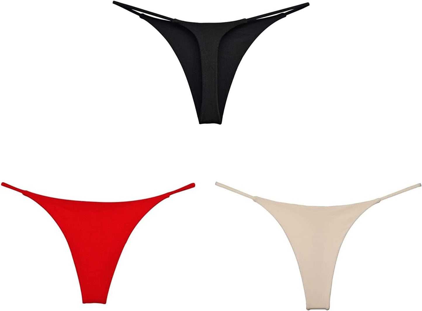 BY.ECG Cotton Thong for Women Sexy Seamless G String Underwear G-String 2 Pack Set Black/Nude/Red / X-Small