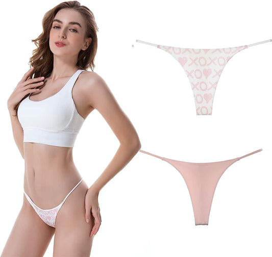 BY.ECG Cotton Thong for Women Sexy Seamless G String Underwear G-String 2 Pack Set Xoxo/Pale Pink / X-Small
