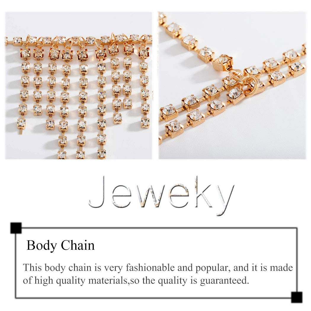 Jeweky Boho Rhinestone Body Chain Gold Crystal Harness Body Jewelry Beach Bikini Bra Jewelry for Women and Girls Apparel & Accessories > Jewelry > Body Jewelry Artist Unknown