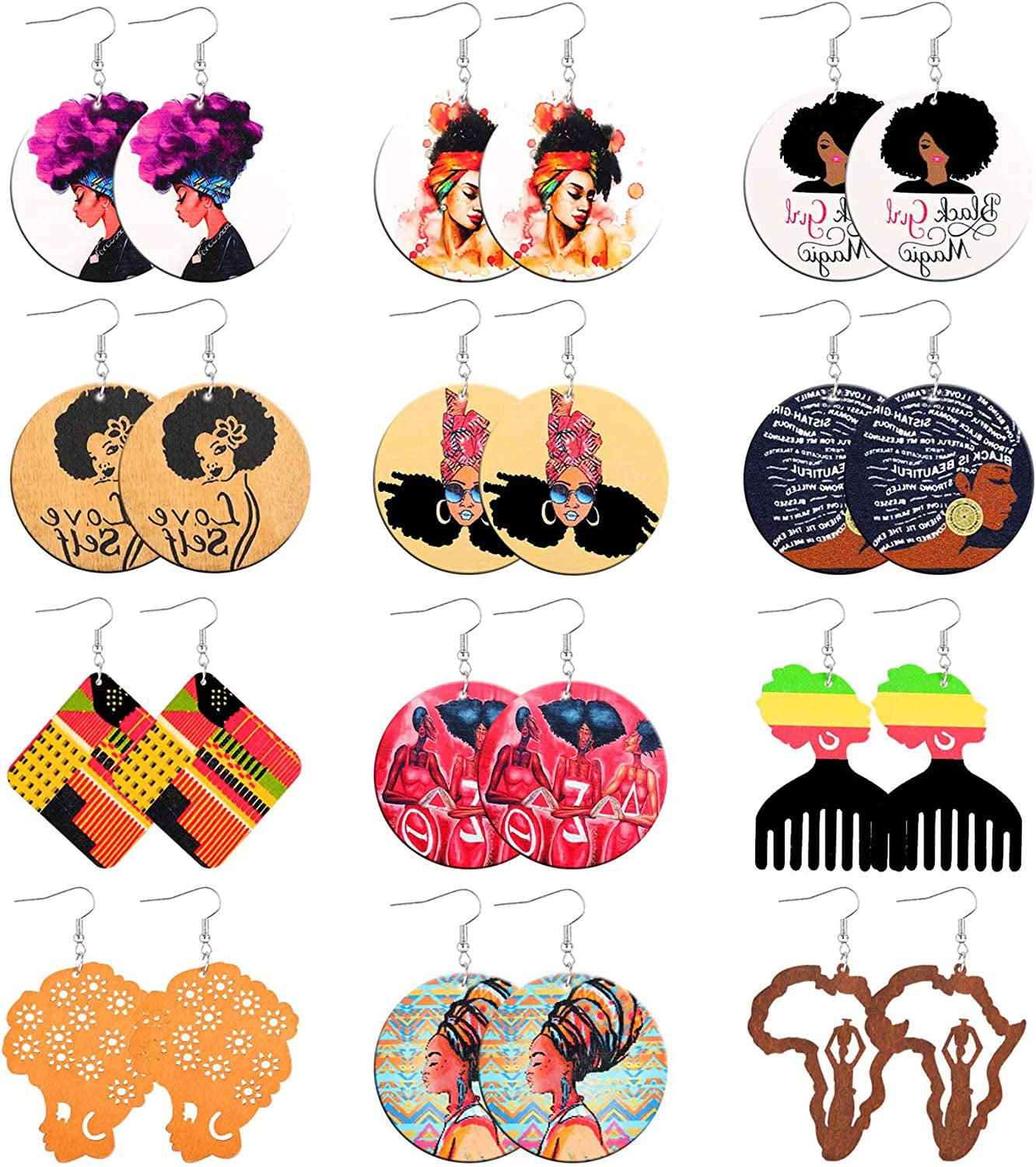 Honsny 9-12 Pairs African Wooden Earrings for Women round Wooden Painted Ethnic Earrings Drop Dangle Earrings Set Apparel & Accessories > Jewelry > Earrings Honsny C-12Paris