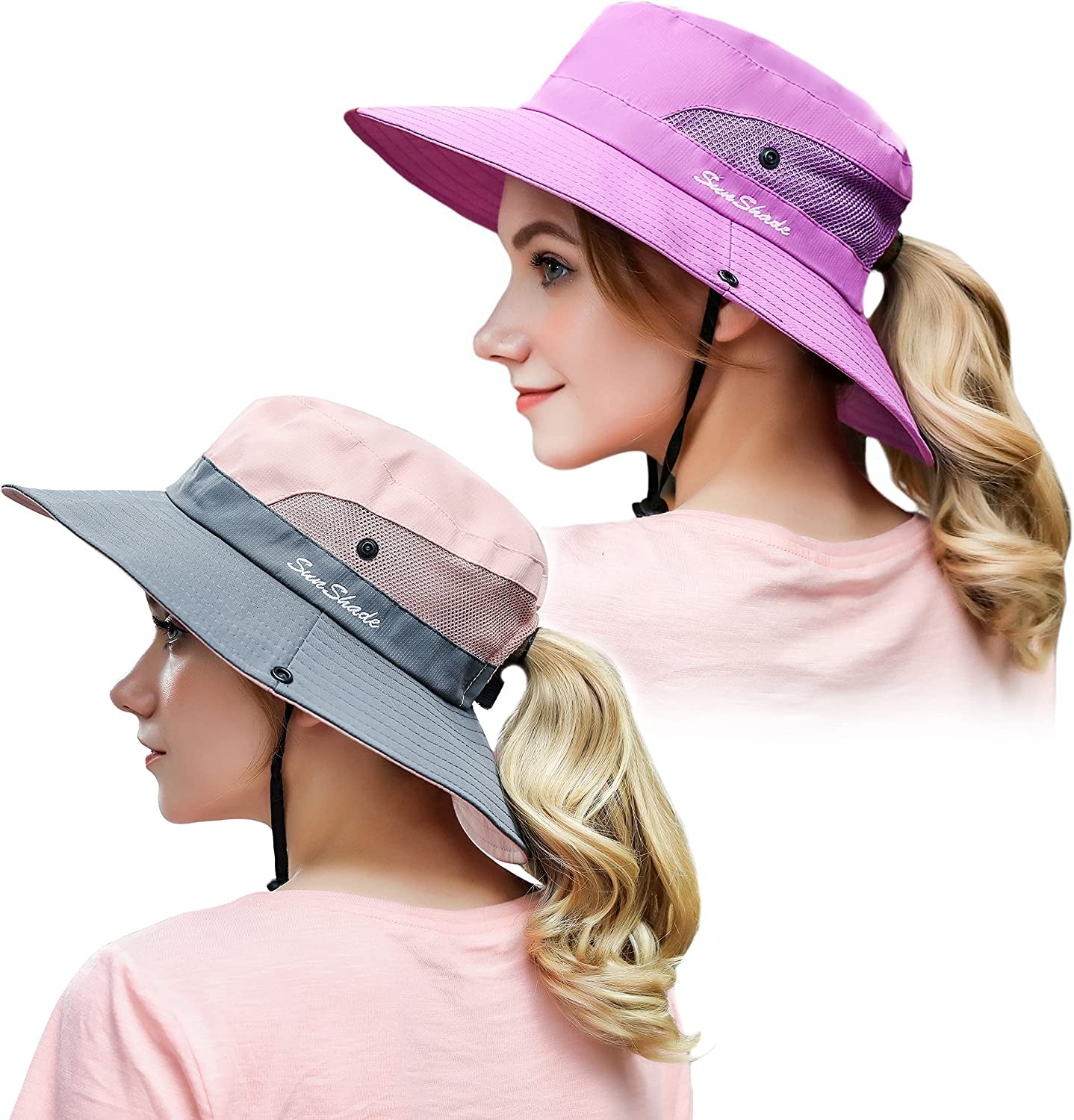 Muryobao 2 Pack Women Ponytail Summer Sun Hat UV Protection Wide Brim Foldable Safari Fishing Cap Apparel & Accessories > Clothing Accessories > Hats Muryobao 2 Pack - Pure Purple & Pink
