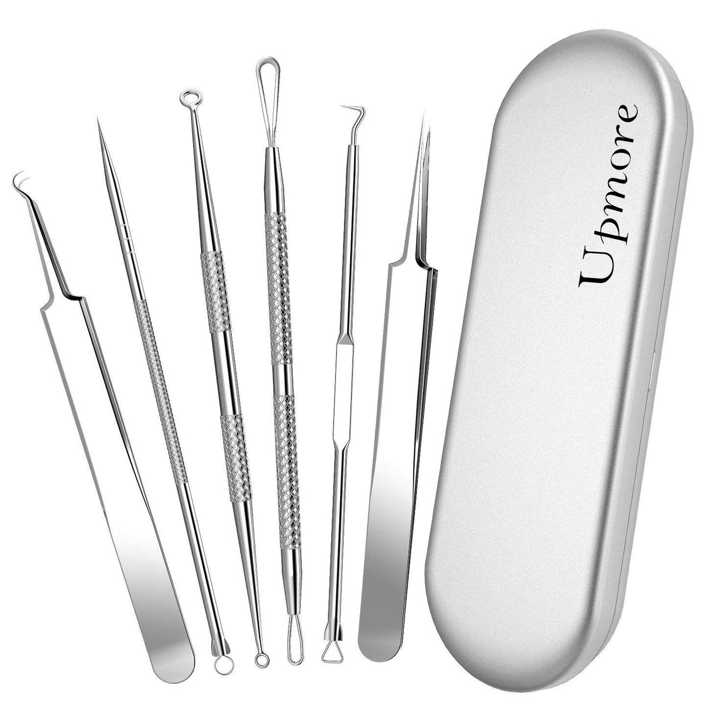Pimple Popper Tool Kit, Upmore 6PCS Blackhead Remover Professional Stainless Acne Blemish Comedone Extractor Removal Tools with Metal Case and Tweezers for Whitehead Acne on Nose Face Health & Beauty > Personal Care > Cosmetics > Cosmetic Tools > Skin Care Tools Upmore 6 Piece Set