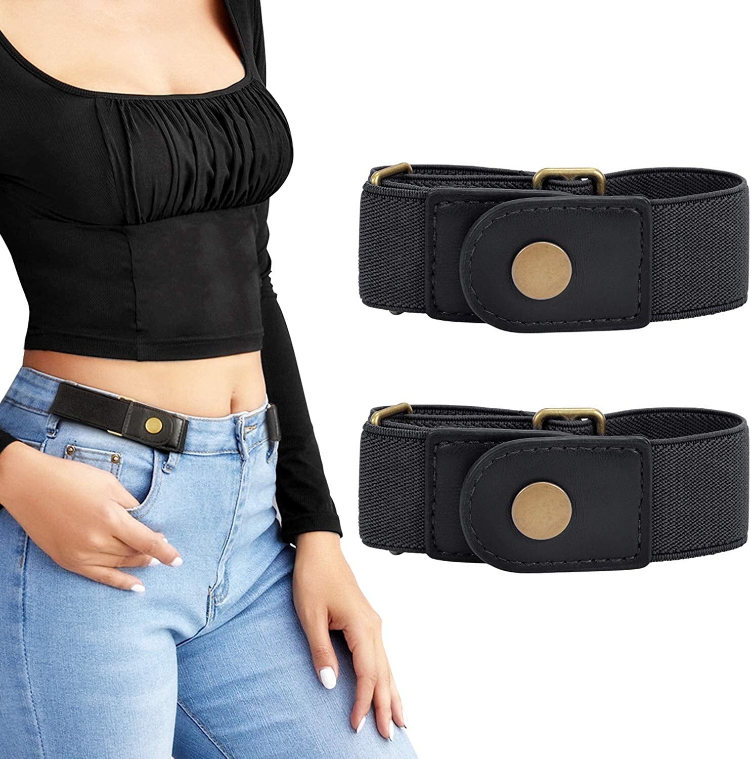 No Buckle Stretch Belt for Women/Men—2 Pack Elastic Invisible Belt for Jeans Apparel & Accessories > Clothing Accessories > Belts LEACOOLKEY A-black+black Fits 2 loop size 4"-6"