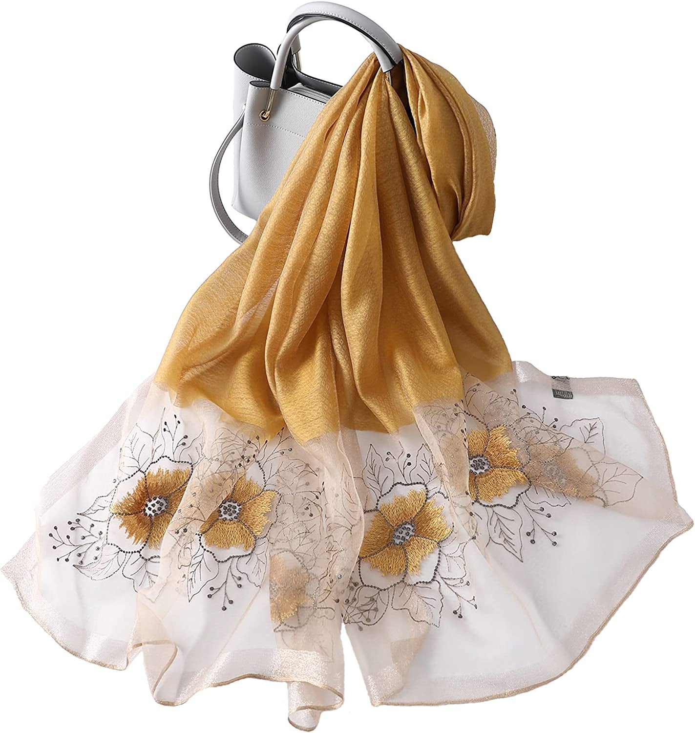 WINCESS YU Women Mulberry Silk Scarf Long & Large Embroidered Floral Pattern Shawl and Wraps Neckerchief for Hair & Neck Apparel & Accessories > Clothing Accessories > Scarves & Shawls WINCESS.YU Sunflower Yellow
