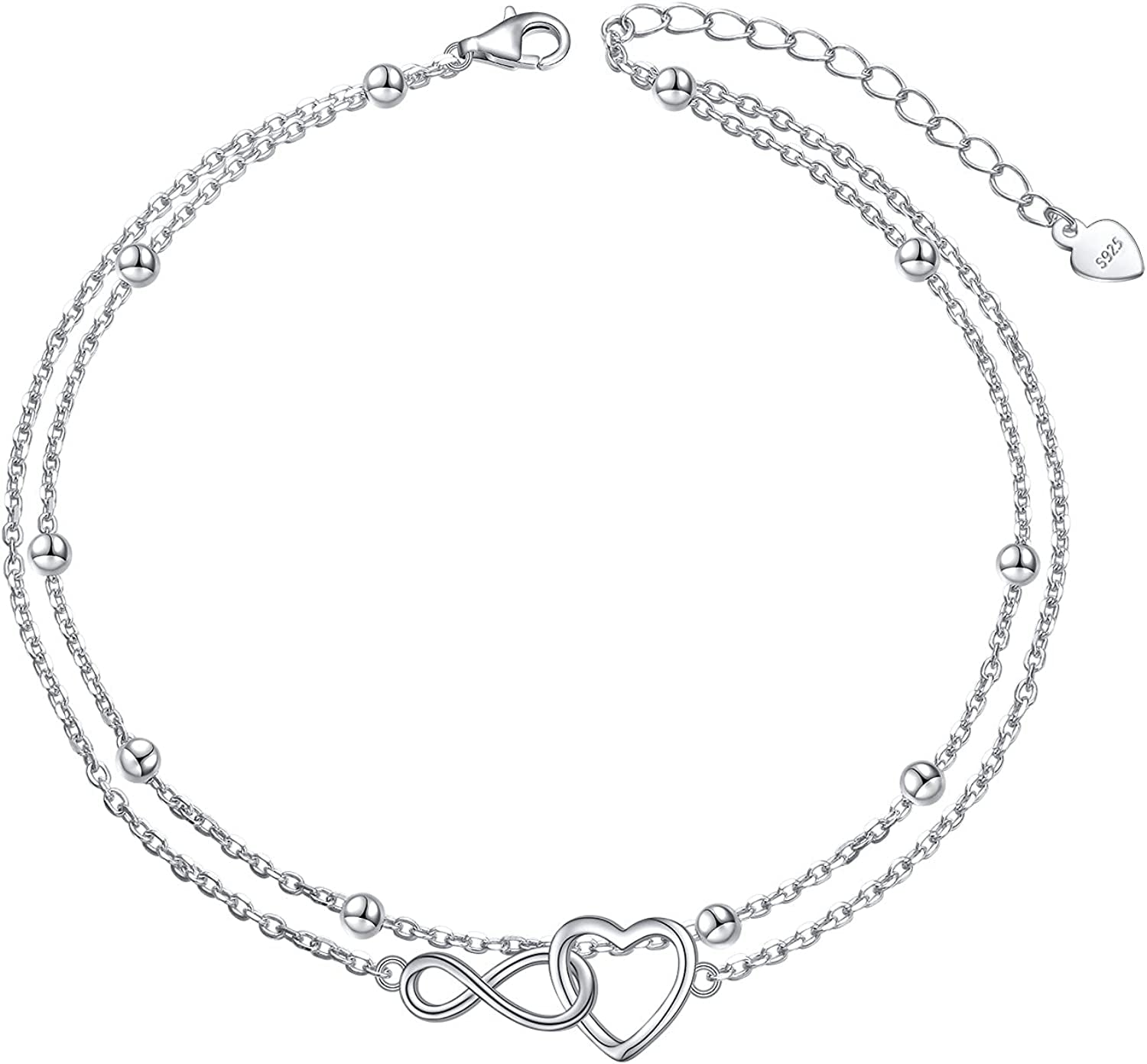 Flyow Anklet for Women S925 Sterling Silver Adjustable Foot Beaded Infinity/Heart/Angel Wing/Turtle Ankle Bracelet Anklets Jewelry Gift Apparel & Accessories > Jewelry > Anklets Silver Light Jewelry layered heart infinity