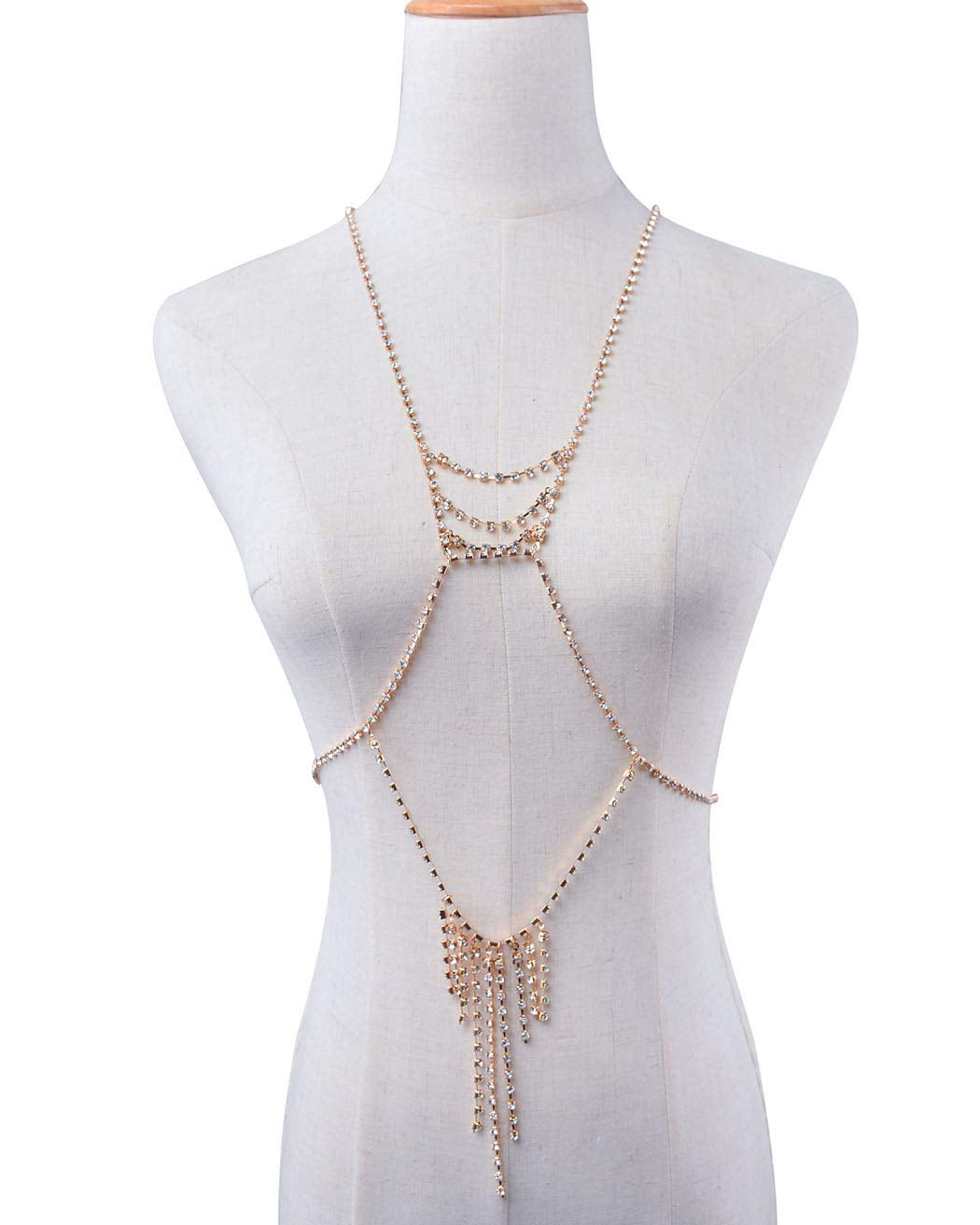 Jeweky Boho Rhinestone Body Chain Gold Crystal Harness Body Jewelry Beach Bikini Bra Jewelry for Women and Girls Apparel & Accessories > Jewelry > Body Jewelry Artist Unknown