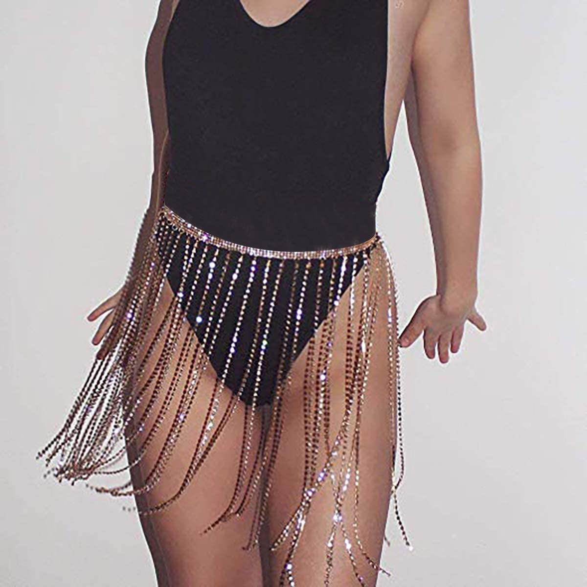 RARITYUS Women Sexy Rave Glitter Rhinestone Tassel Body Chains Skirt Waist Belt Jewelry for Party Festival Dance Nightclub Apparel & Accessories > Jewelry > Body Jewelry RARITYUS