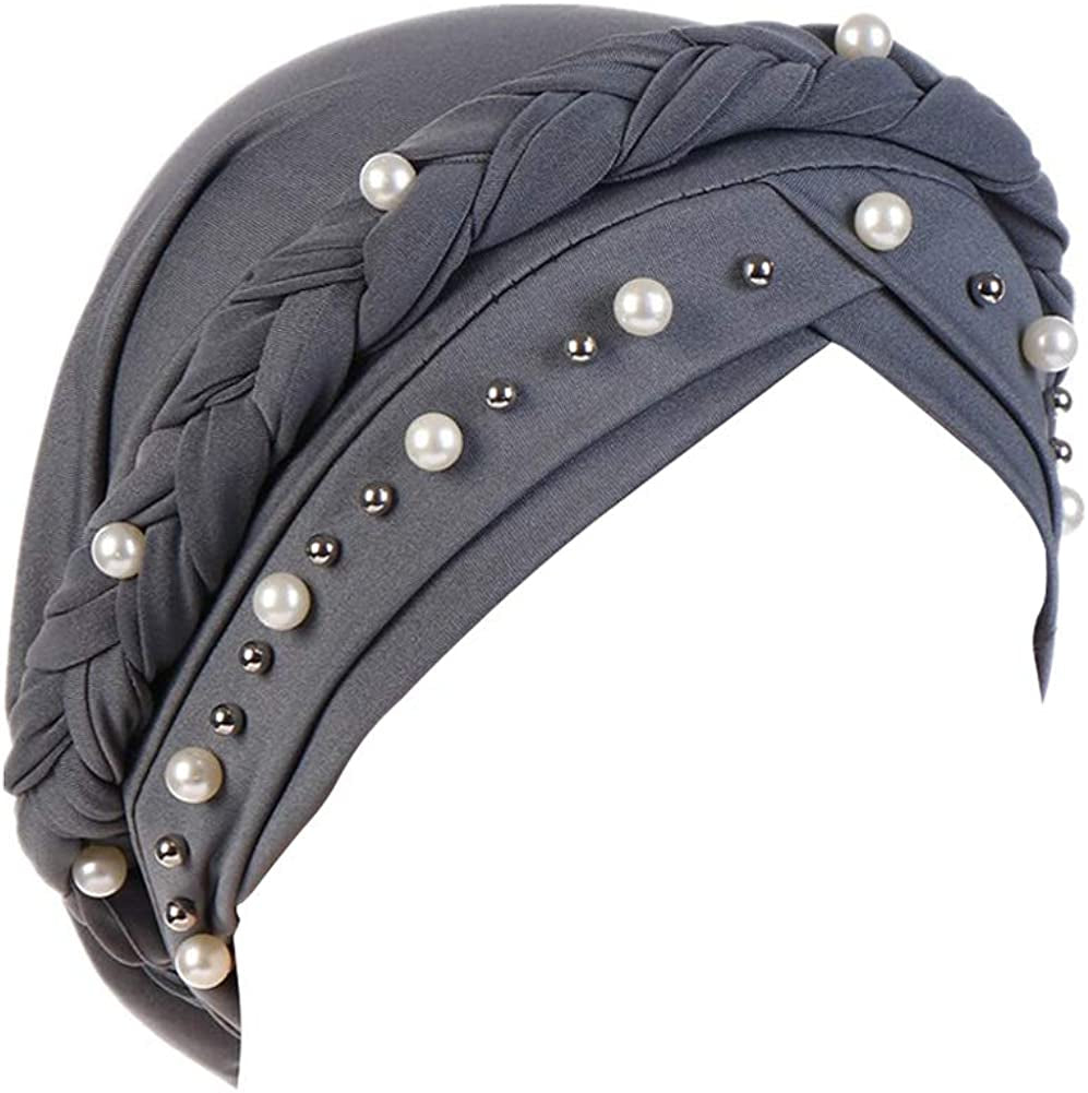 Fxhixiy Women Hijab Beading Pearl Braid Turban Hat Head Scarf Cancer Chemo Beanies Bandana Headwrap Cap Apparel & Accessories > Clothing Accessories > Headwear Fxhixiy Gray