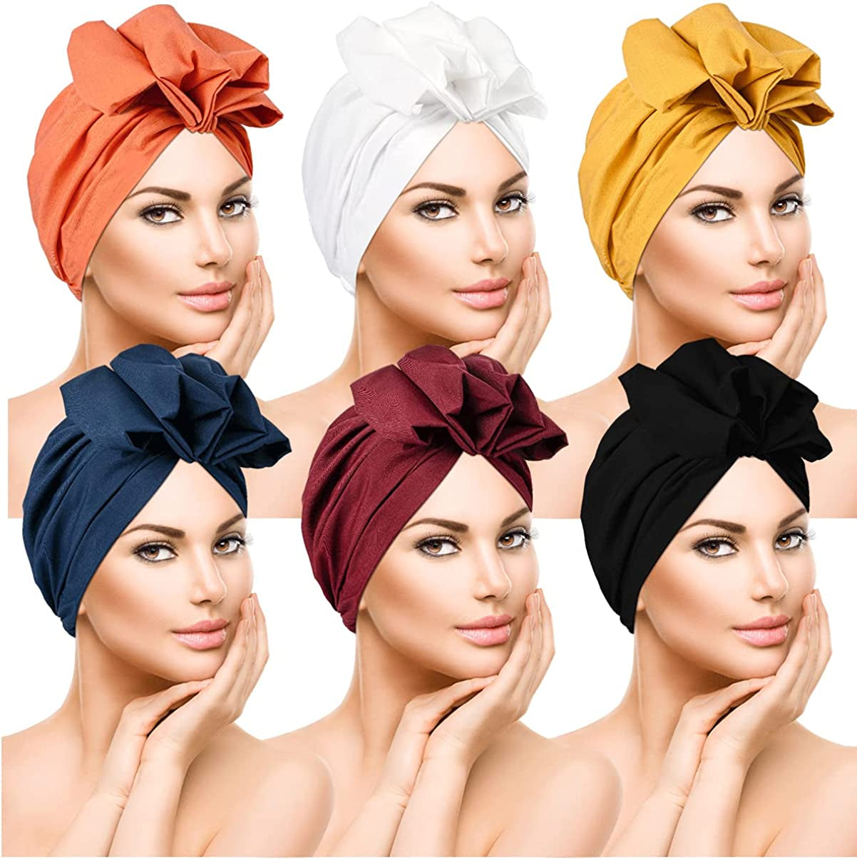 Women Turbans and Head Wraps,Skull-Caps,African Turban Flower Knot Pre-Tied Bonnet Beanie Cap for Women Apparel & Accessories > Clothing Accessories > Headwear DANMY Black/Blue/White/Yellow/Red/Dark-orrange -6pcs Large