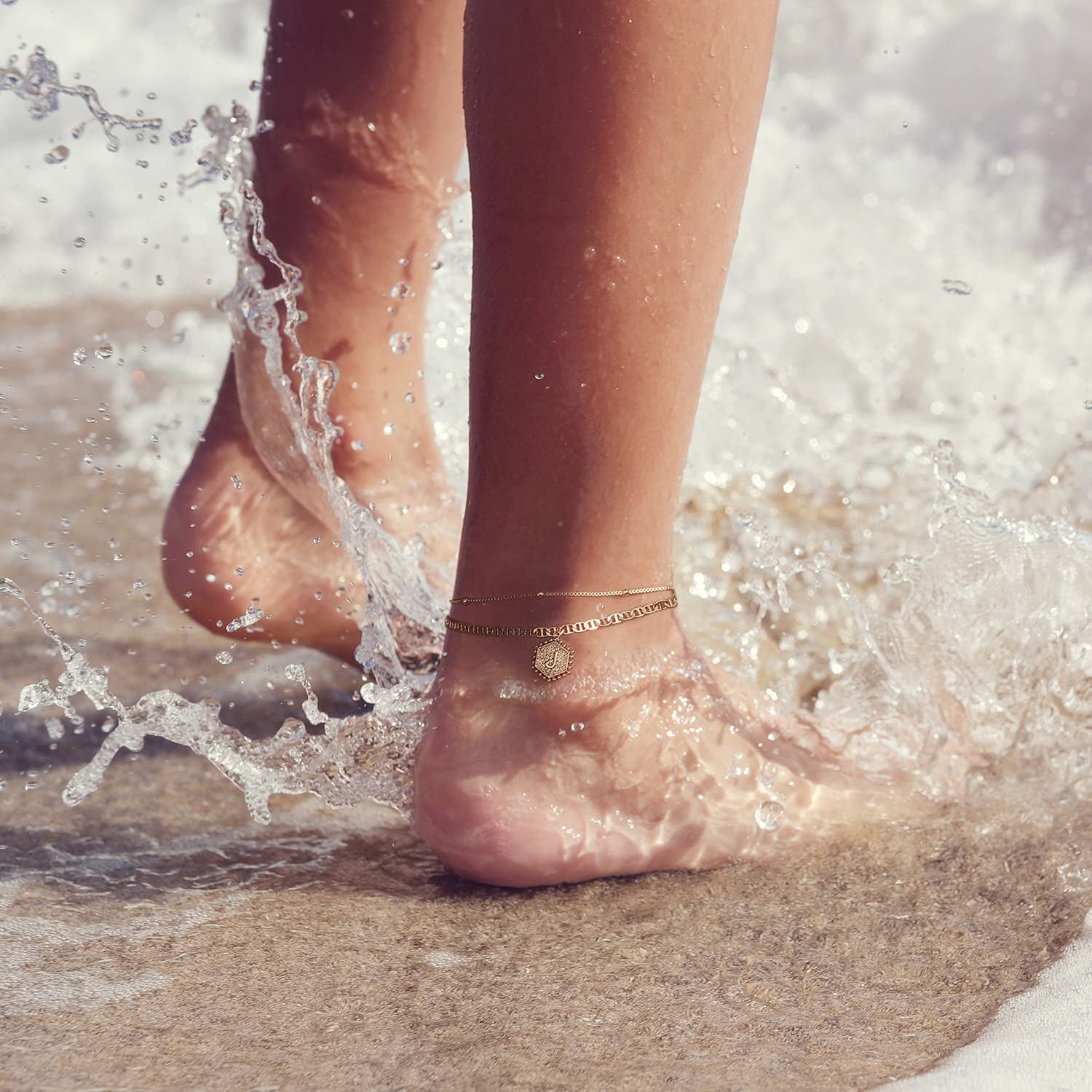 Turandoss Ankle Bracelets for Women Initial Anklet, 14K Gold Plated Handmade Layered Box Chain Flat Mariner Hexagon Anklet Letter Initial Ankle Bracelet for Women Gold Summer Beach Foot Jewelry Gifts Apparel & Accessories > Jewelry > Anklets Turandoss