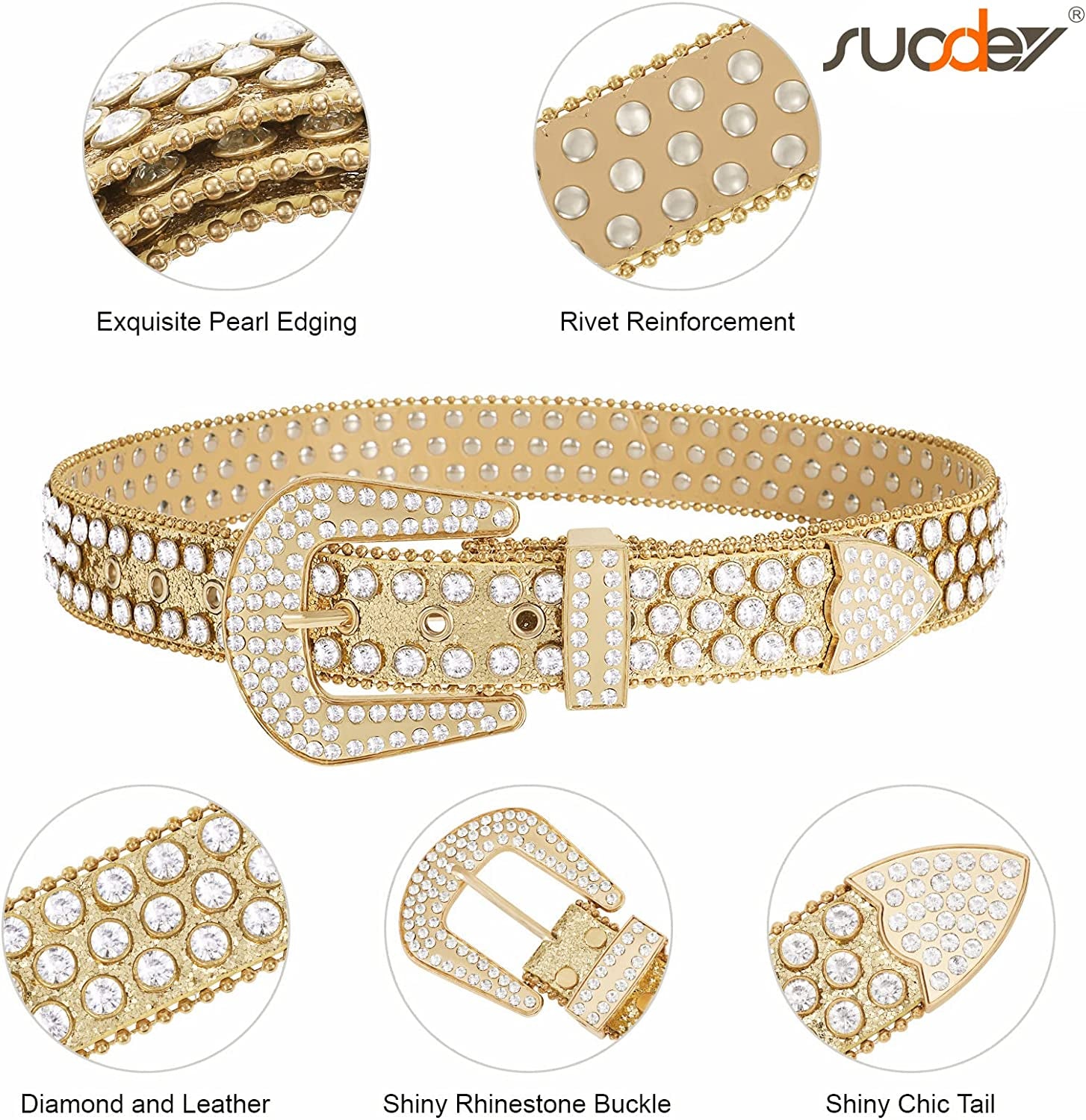 Men Women Fashion Rhinestone Belt SUOSDEY Western Cowgirl Bling Studded Design Leather Diamond Belt for Jeans Dress Apparel & Accessories > Clothing Accessories > Belts SUOSDEY