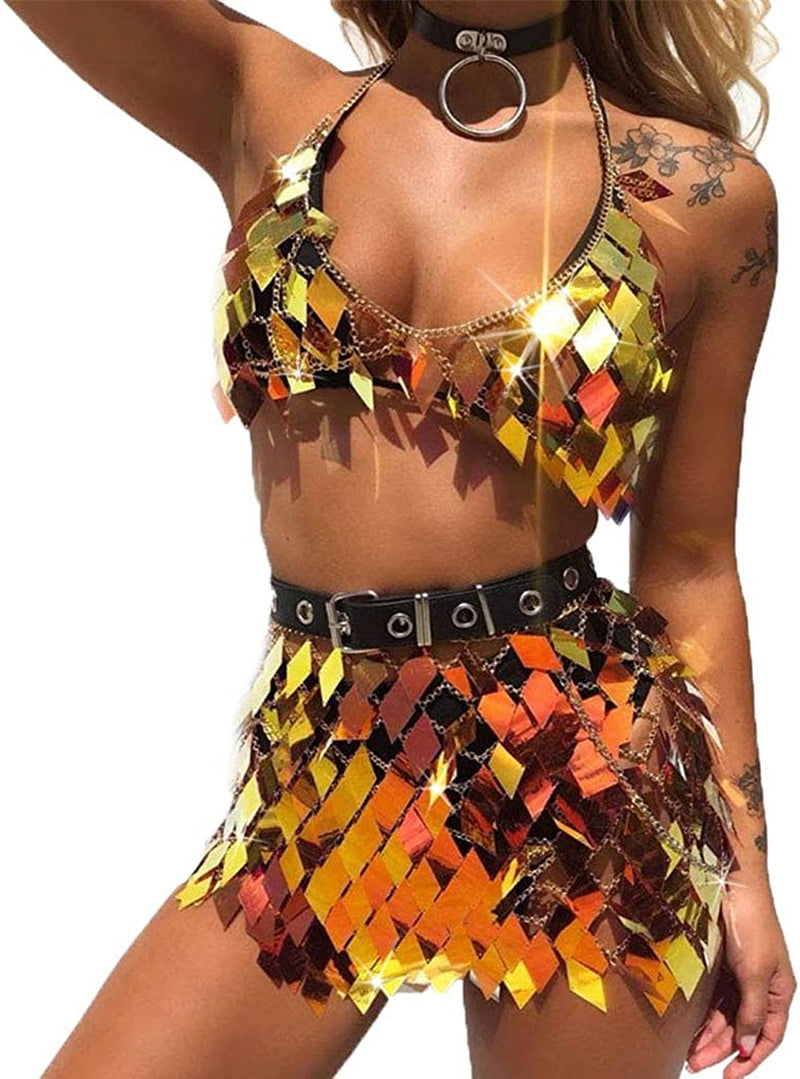 Nicute Festival Body Chain Sequins Tassel Skirt Set Sexy Summer Beach Bikini Bra Body Jewelry for Women and Girls Apparel & Accessories > Jewelry > Body Jewelry Nicute Gold