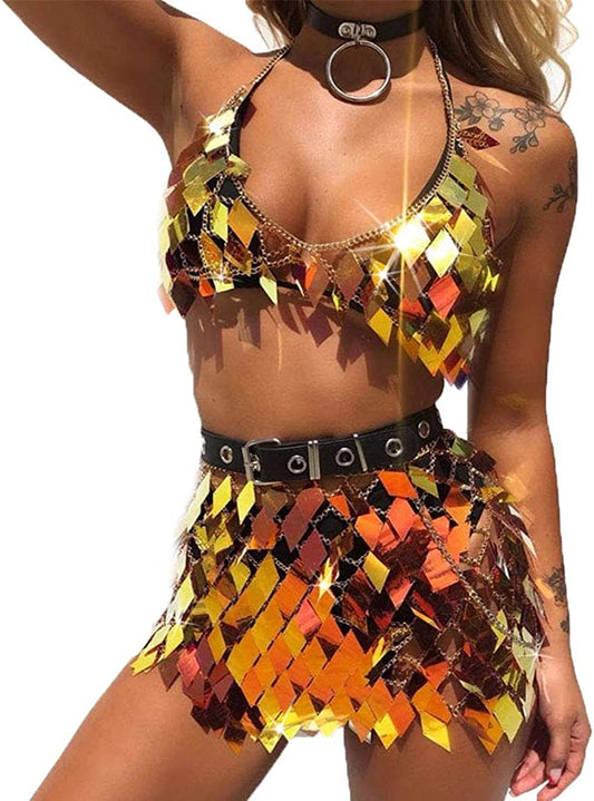 Nicute Festival Body Chain Sequins Tassel Skirt Set Sexy Summer Beach Bikini Bra Body Jewelry for Women and Girls Apparel & Accessories > Jewelry > Body Jewelry Nicute Gold