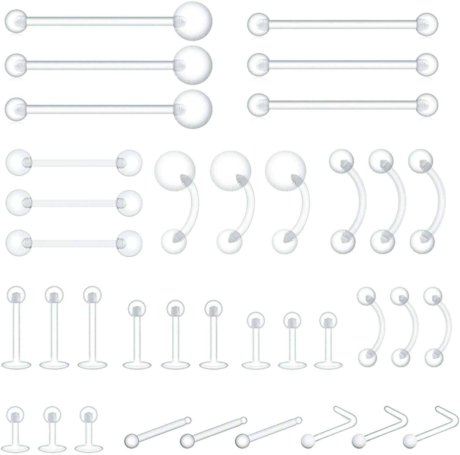 Piercingart 36Pcs Clear Piercing Retainers Bioflex Nose Tongue Nipple Belly Rings Eyebrow Lip Nose Studs Cartilage Tragus Earring Retainer Industrial Bar Plastic Piercing Jewelry for Surgery Apparel & Accessories > Jewelry > Body Jewelry PiercingArt 36 Pcs Mix Style