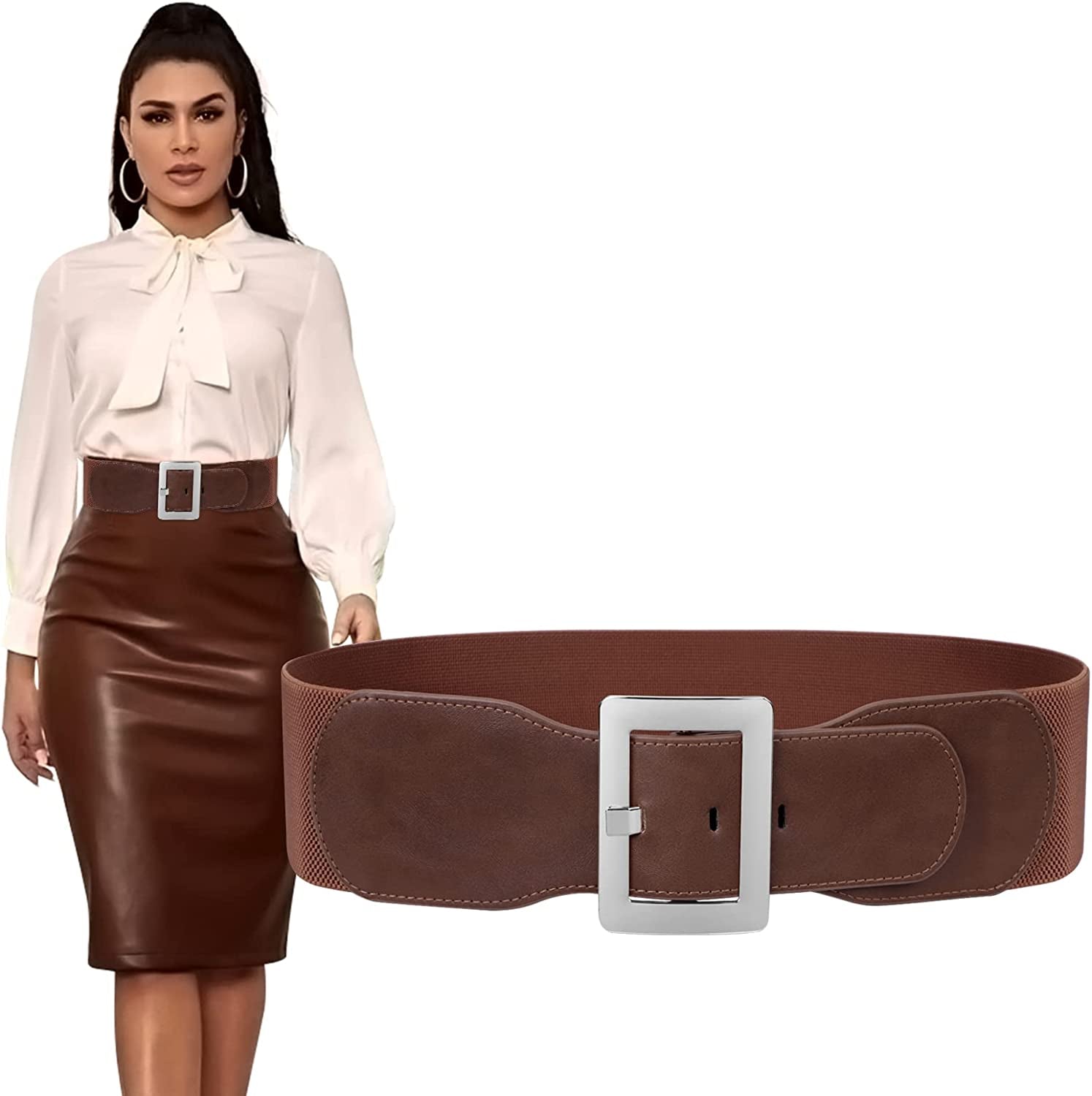 Women Wide Cinch Waist Belt Ladies Fashion Belt for Dresses with Metal Buckle Apparel & Accessories > Clothing Accessories > Belts SUOSDEY 06-coffee - Silver Buckle Fit Waist 25"-29"