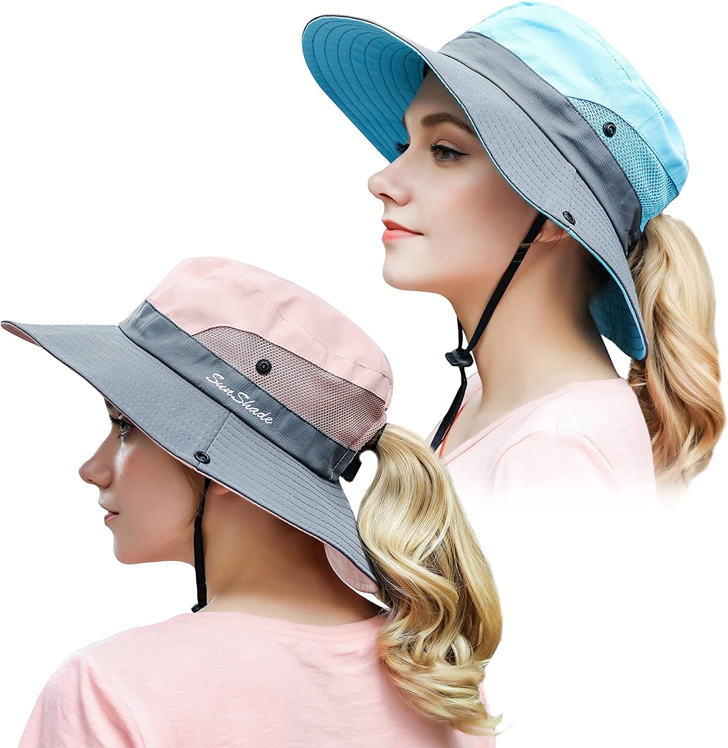 Muryobao 2 Pack Women Ponytail Summer Sun Hat UV Protection Wide Brim Foldable Safari Fishing Cap Apparel & Accessories > Clothing Accessories > Hats Muryobao 2 Pack - Sky Blue & Pink