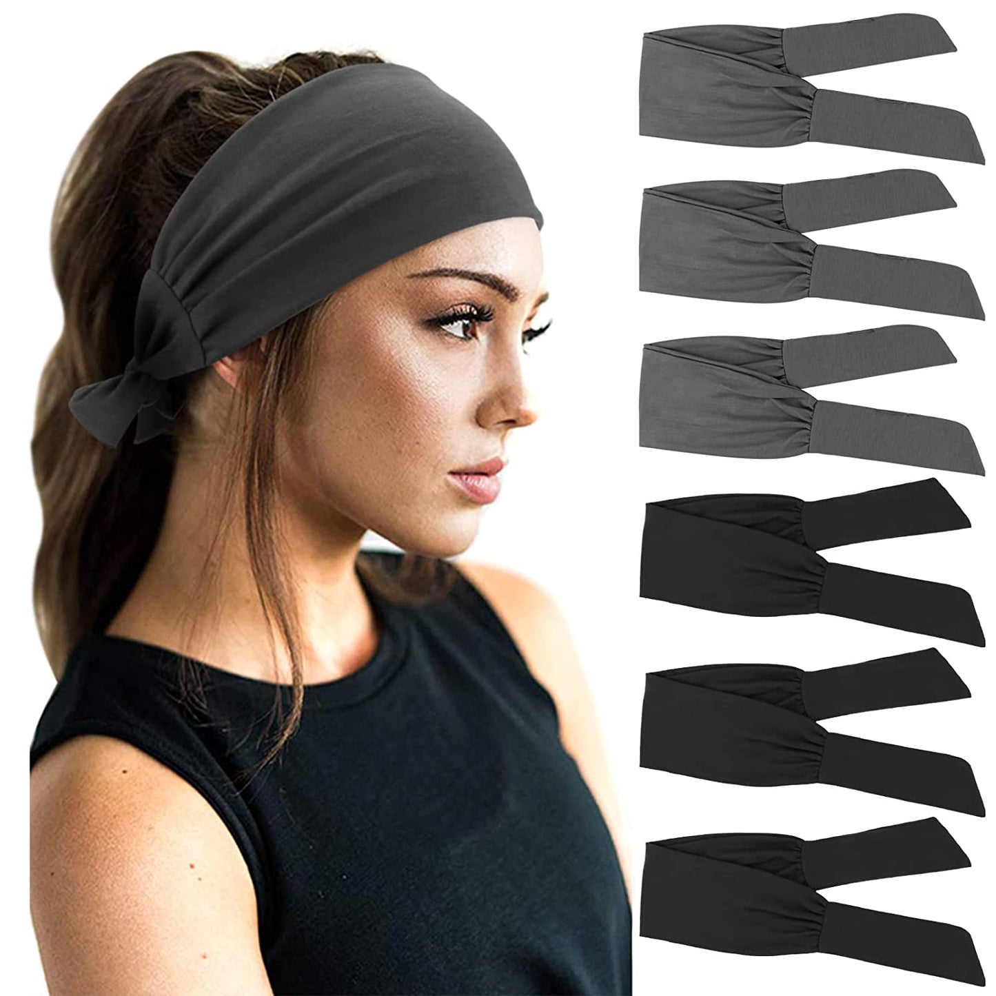 DRESHOW 6 PCS Adjustable Headbands for Women Knotted Headbands Cotton Elastic Non-Slip Fashion Hair Bands for Workout Sports Running Yoga Apparel & Accessories > Clothing Accessories > Bandanas & Headties DRESHOW 6 Pack: Black+Gray