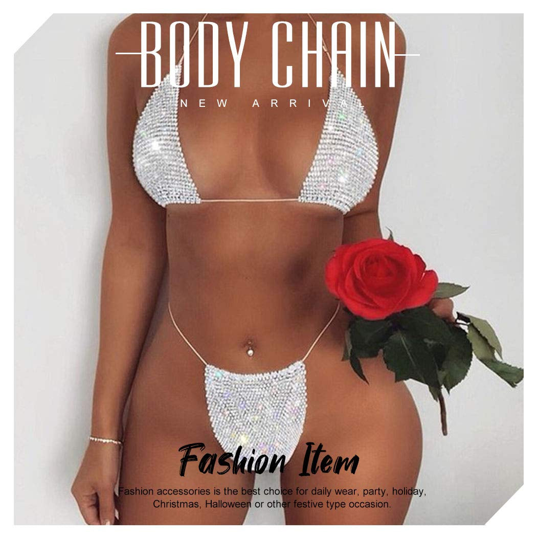 Earent Mesh Rhinestone Body Chain Set Beach Chest Belly Chains Crystal Bikini Nightclub Party Bra Breast Chains Rave Body Jewelry for Women and Girls (Silver) Apparel & Accessories > Jewelry > Body Jewelry EARENT