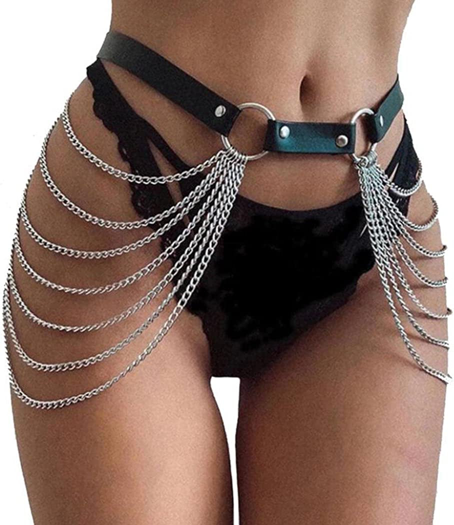 Punk Leather Waist Chain Silver Belly Body Chains Festival Body Chain Jewelry for Women and Girls Apparel & Accessories > Jewelry > Body Jewelry Muyyan