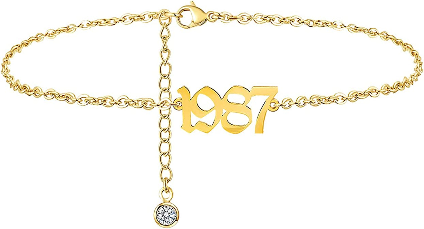 JYUEDA Birth Year Anklet Bracelet for Women,Beach Foot Chain Cute Ankle Bracelet,14K Gold Plated Anklets for Women Teen Girls Apparel & Accessories > Jewelry > Anklets JYUEDA 1987