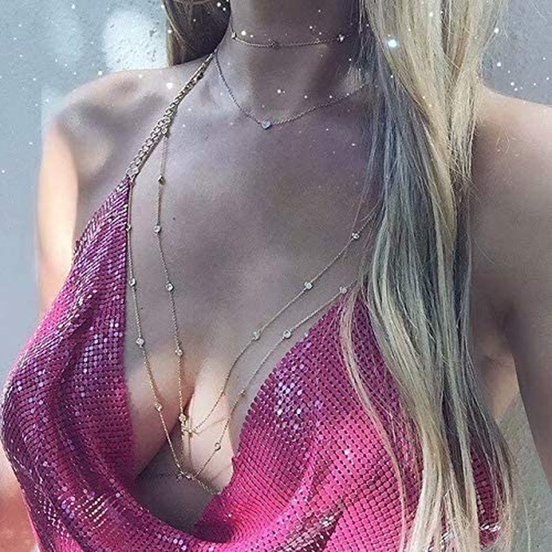 Bohemian Chain Bra Sexy Beads Shiny Luxury Long Rhinestone Bra Body Chains Statement Body Chain Jewelry Cross for Women Beach Body Accessories Apparel & Accessories > Jewelry > Body Jewelry China