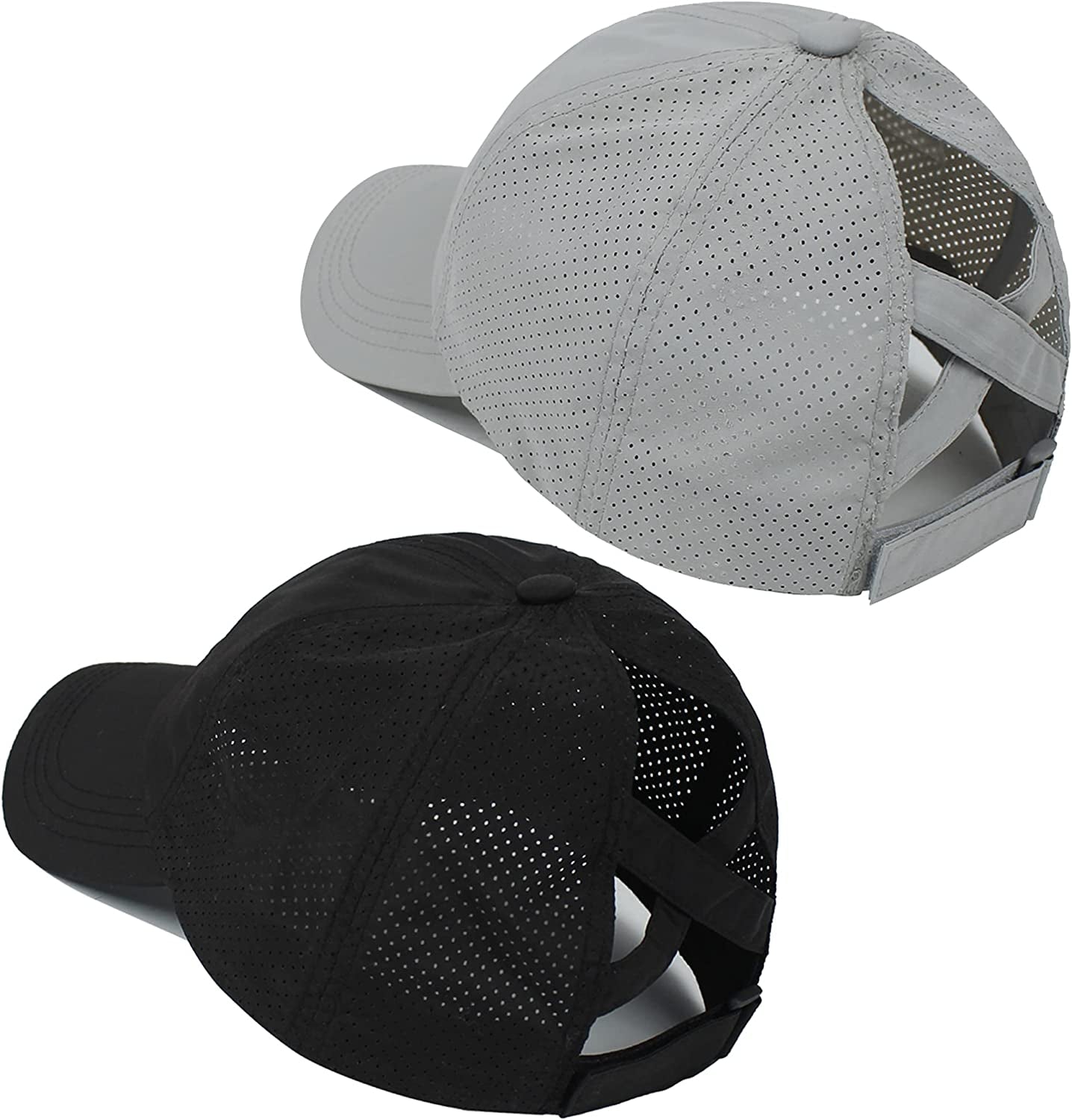 Muryobao 2 Packs Womens Criss Cross Ponytail Baseball Cap High Messy Bun Ponycap Quick Drying Mesh Outdoor Sports Travel Hat Apparel & Accessories > Clothing Accessories > Hats Muryobao Black & Light Grey