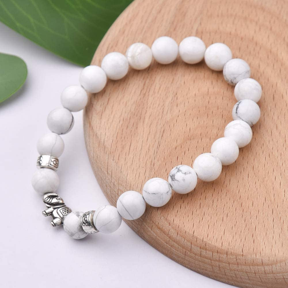 Gifts for Women Elephant Bracelet, 8Mm Natural White Howlite Bracelets for Women Men Stress Relief Yoga Bracelet Bead Bracelets for Women Elephant Gifts for Women Girls Apparel & Accessories > Jewelry > Bracelets M MOOHAM