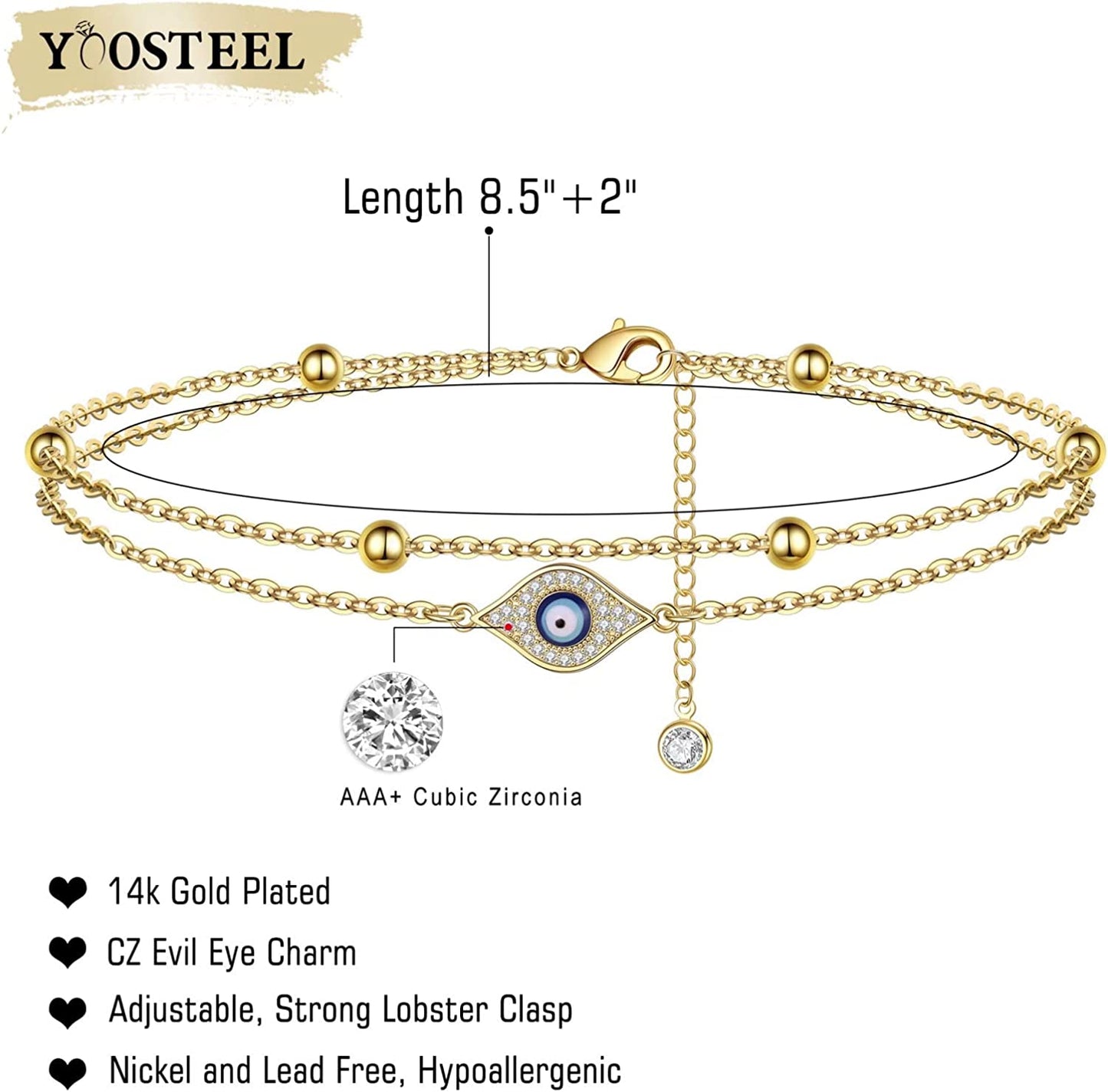 Dainty Ankle Bracelets for Women Girls, 14K Gold Filled Handmade Anklet Tiny Lock Key Star Lightning Crescent Elephant Evil Eye Ankle Bracelets for Women Girls Summer Boho Beach Foot Jewelry Apparel & Accessories > Jewelry > Anklets Yoosteel