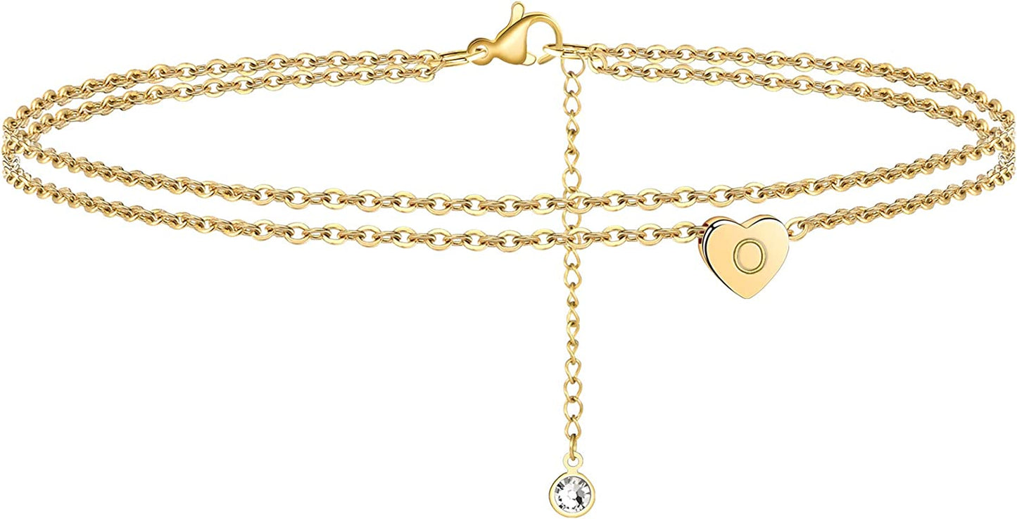 Turandoss Heart Initial Ankle Bracelets for Women, 14K Gold Filled Handmade Dainty Layered Anklet Letter Initial Heart Ankle Bracelets for Women Beach Jewelry Gifts Apparel & Accessories > Jewelry > Anklets Turandoss O