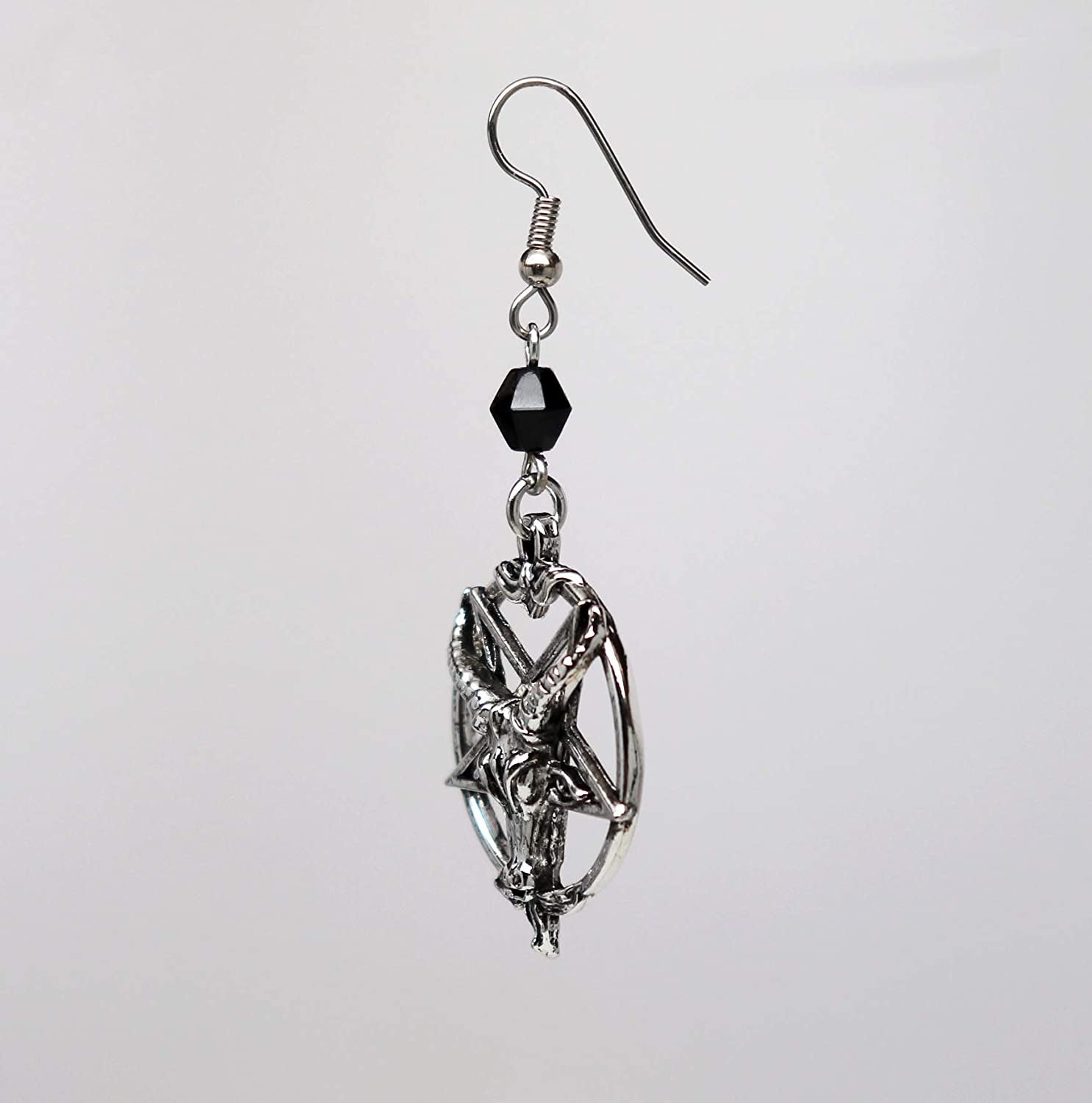 Baphomet Satanic Goat Head Inverted Pentagram Silver Finish Dangle Earrings Apparel & Accessories > Jewelry > Earrings Real Metal
