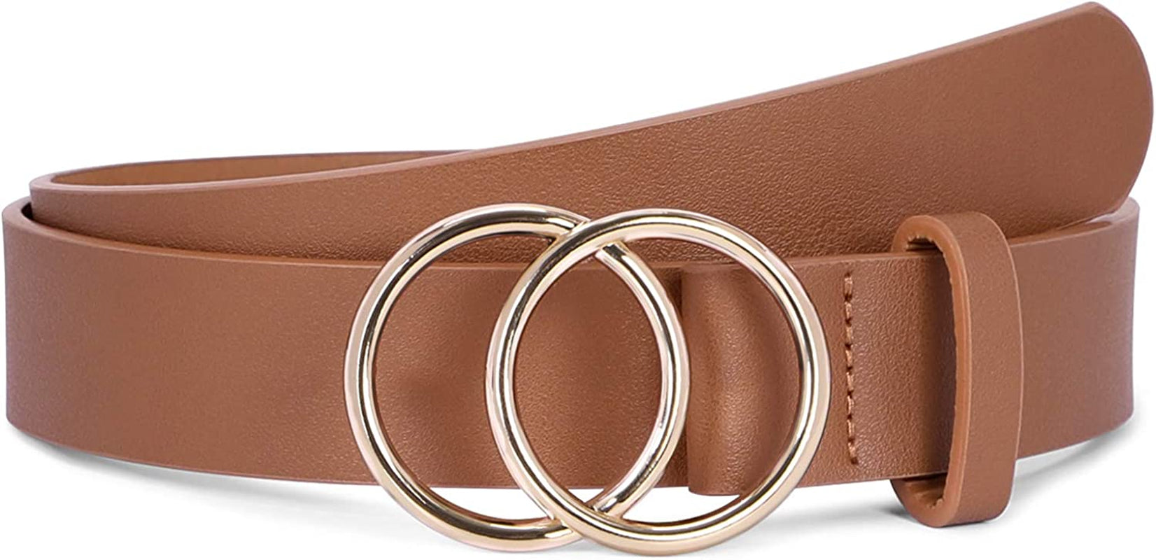 Women Leather Belt Fashion Double O-Ring Soft Faux Leather Waist Belts for Jeans Dress Apparel & Accessories > Clothing Accessories > Belts SUOSDEY F-brown/Fixed Buckle XL: 41''-45'' Waist Size