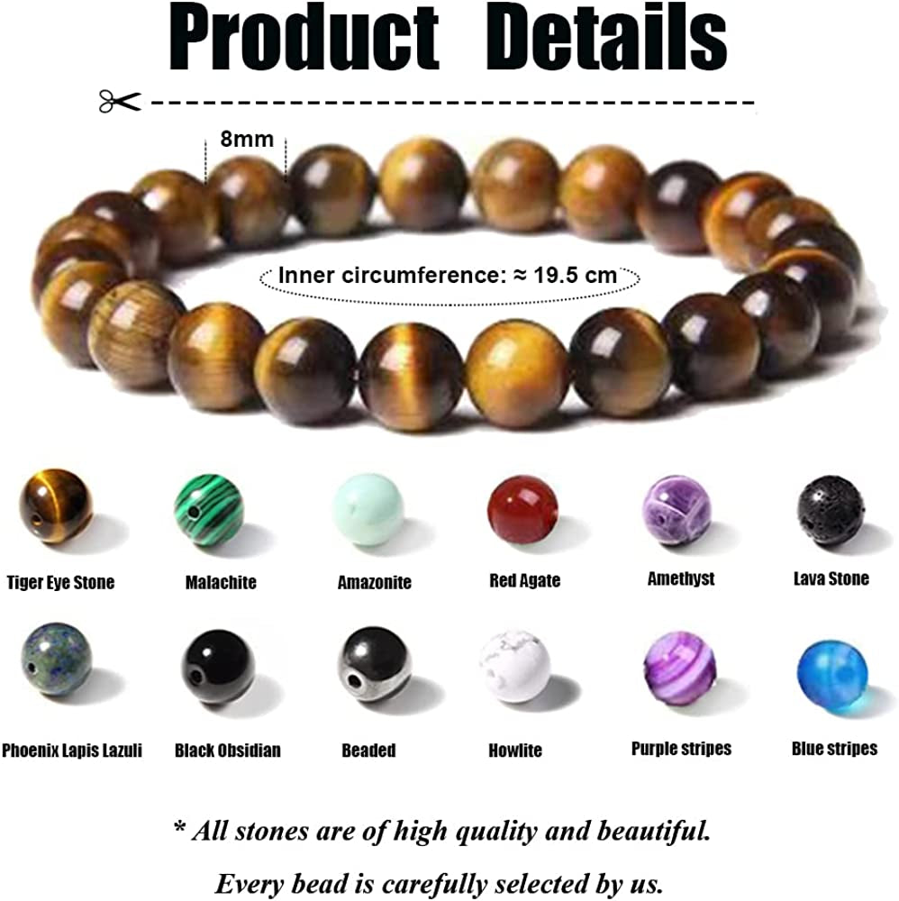 Svovin 12 Pcs 8Mm Gemstones Beaded Bracelets for Men Women Stone Bead Healing Stretch round Bead Crystal Semi-Precious Bracelets Unisex Apparel & Accessories > Jewelry > Bracelets Svovin