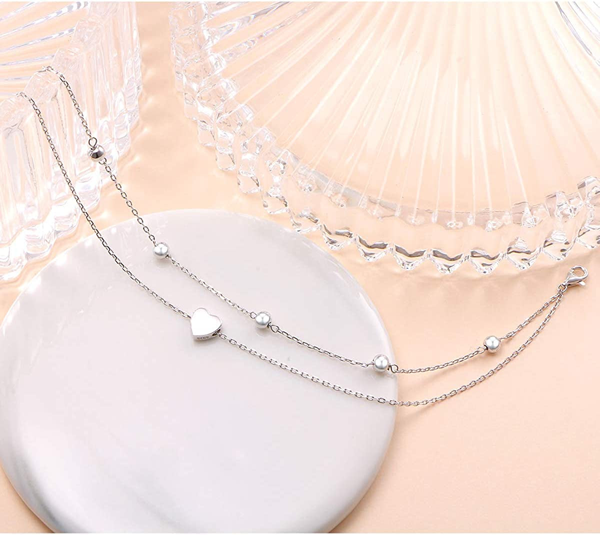 Flyow Anklet for Women S925 Sterling Silver Adjustable Foot Beaded Heart Charm Ankle Bracelet Anklets Jewelry Apparel & Accessories > Jewelry > Anklets FLYOW