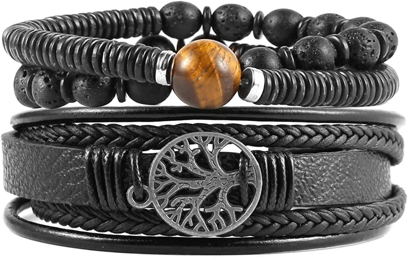 HZMAN Genuine Leather Tree of Life Bracelets Men Women, Tiger Eye Natural Stone Lava Rock Beads Ethnic Tribal Elastic Bracelets Wristbands Apparel & Accessories > Jewelry > Bracelets HZMAN Tiger Eye Stone -- Black