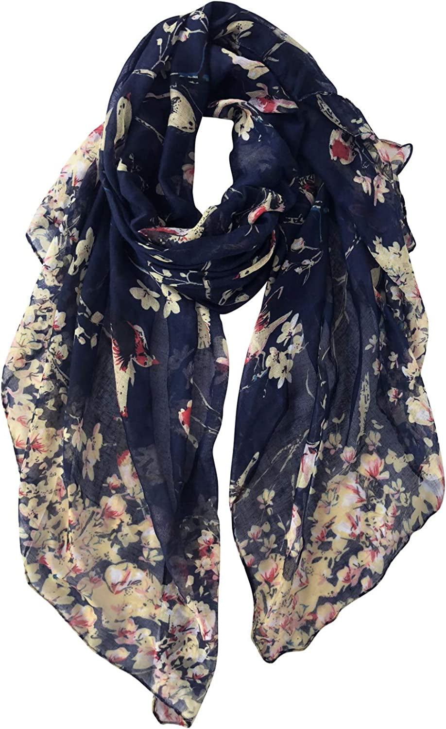GERINLY Scarfs for Women Lightweight Floral Birds Print Cotton Scarves and Wraps for Holiday Shawl Apparel & Accessories > Clothing Accessories > Scarves & Shawls GERINLY Darkblue