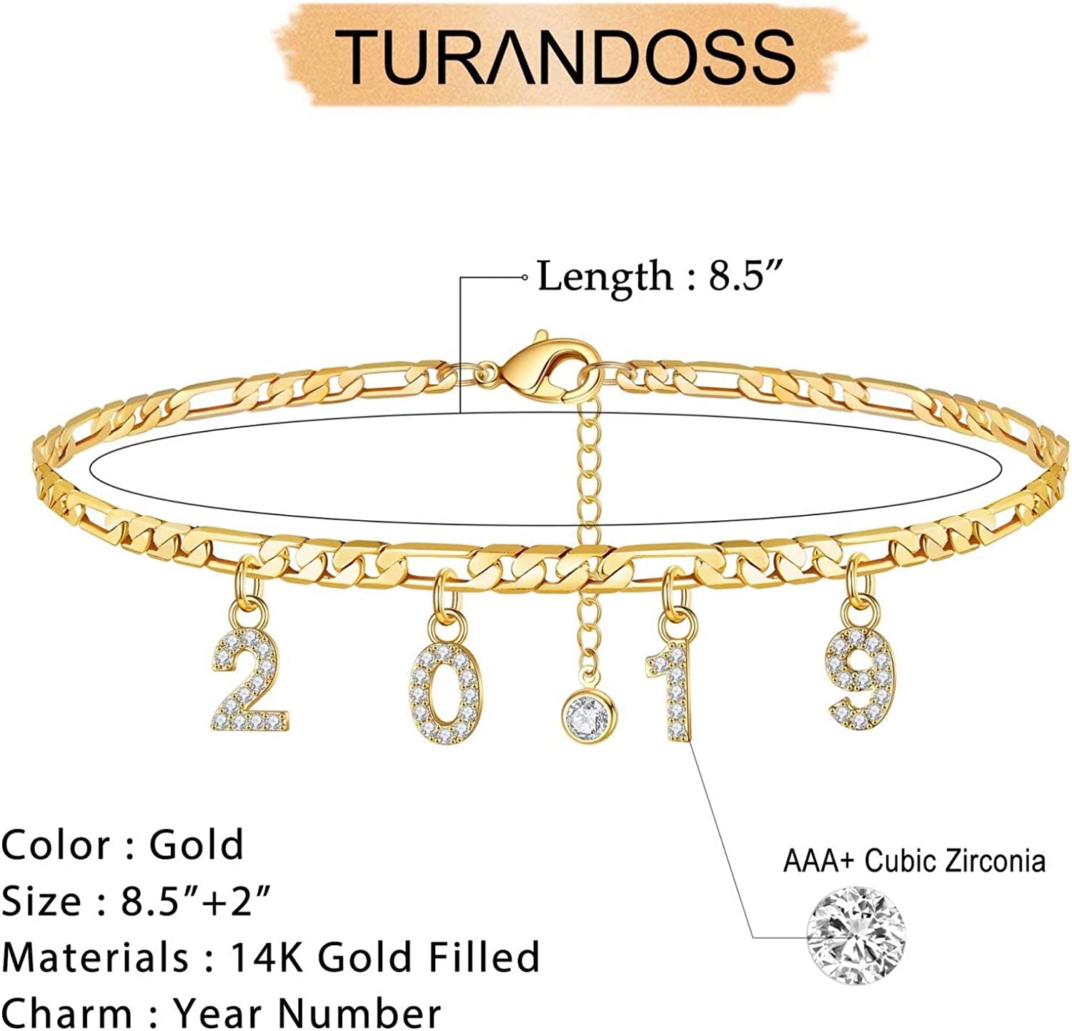 Turandoss Birth Year Number Ankle Bracelets for Women, 14K Gold Filled Dainty CZ Date Anklet Personalized Birth Year Number Ankle Bracelets for Women Beach Foot Jewelry Apparel & Accessories > Jewelry > Anklets Turandoss