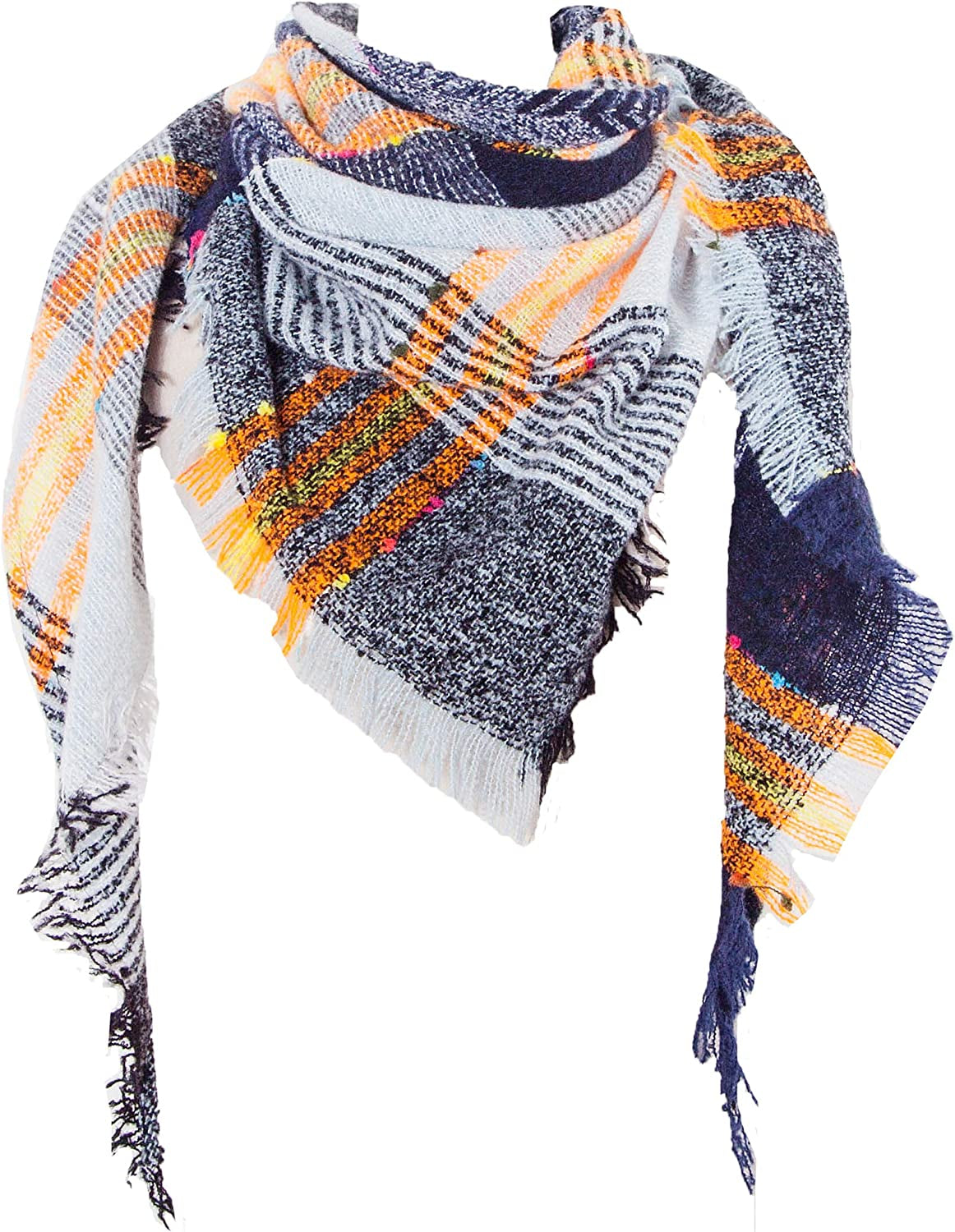 Wander Agio Womens Winter Scarfs Warm Scarf Half Shawls Triangle Scarves Stripe Plaid Apparel & Accessories > Clothing Accessories > Scarves & Shawls Wander Agio Yellow Dark Blue 06