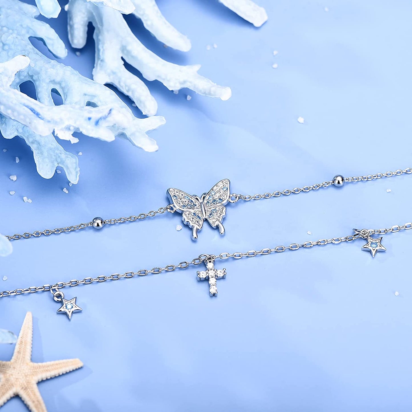 Butterfly Anklet for Women 925 Sterling Silver Layered Anklets Bracelets Adjustable Summer Beach Anklets Jewelry Gifts for Women Girls Wife Grandmother Apparel & Accessories > Jewelry > Anklets Allurelady