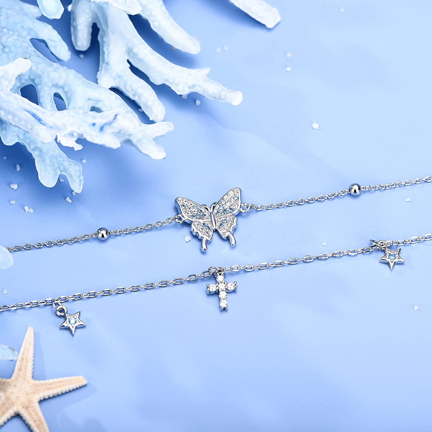 Butterfly Anklet for Women 925 Sterling Silver Layered Anklets Bracelets Adjustable Summer Beach Anklets Jewelry Gifts for Women Girls Wife Grandmother Apparel & Accessories > Jewelry > Anklets Allurelady