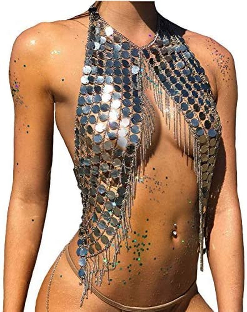 Women'S Body Belly Chain Silver Bra Jewelry Sexy Necklace Bikini for Beach Party Apparel & Accessories > Jewelry > Body Jewelry Ytzada Silver 01