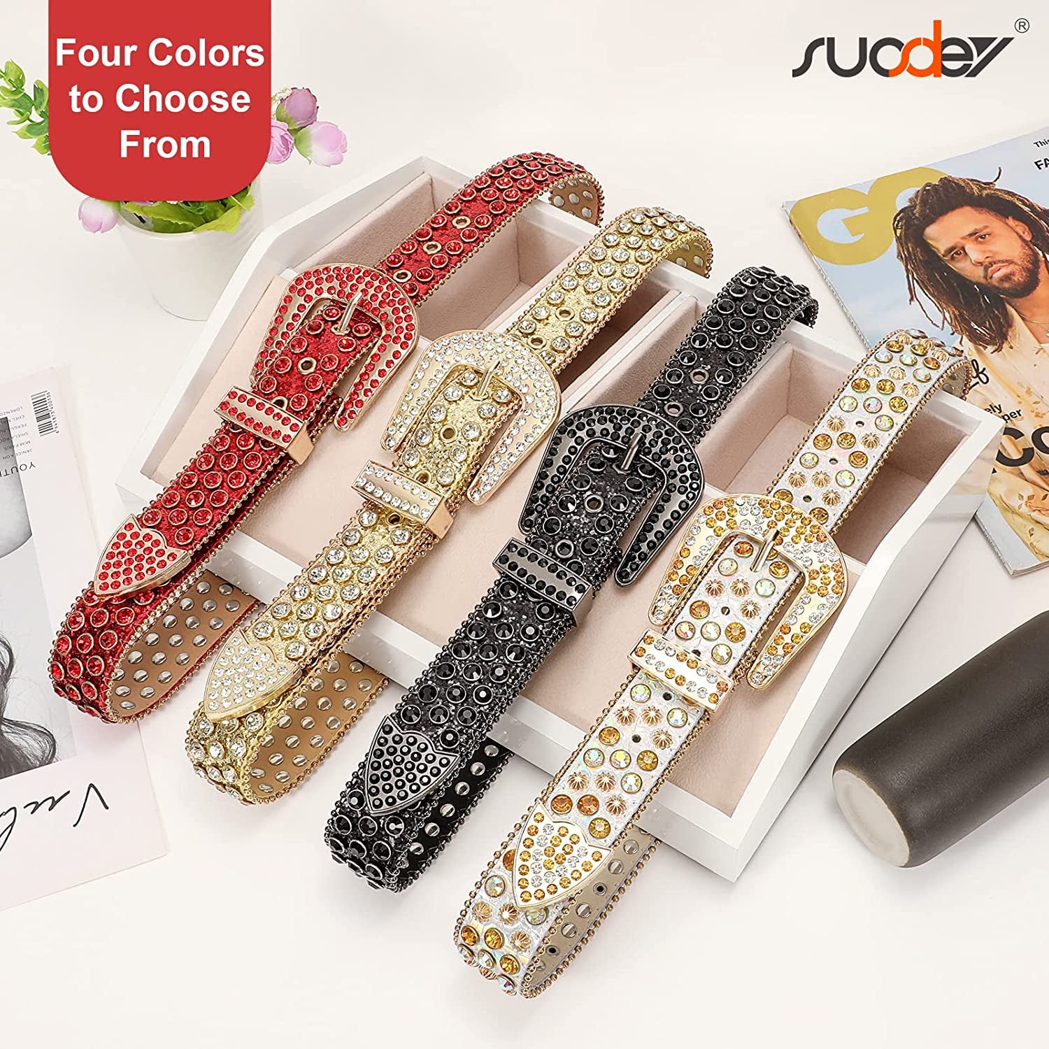 Men Women Fashion Rhinestone Belt SUOSDEY Western Cowgirl Bling Studded Design Leather Diamond Belt for Jeans Dress Apparel & Accessories > Clothing Accessories > Belts SUOSDEY