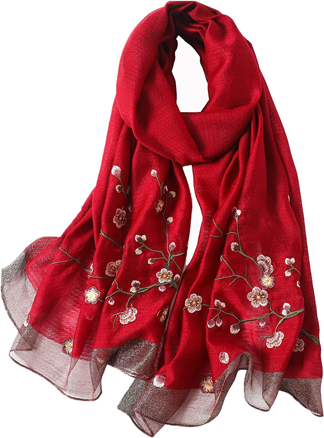 WINCESS YU Women Mulberry Silk Scarf Long & Large Embroidered Floral Pattern Shawl and Wraps Neckerchief for Hair & Neck Apparel & Accessories > Clothing Accessories > Scarves & Shawls WINCESS.YU Red