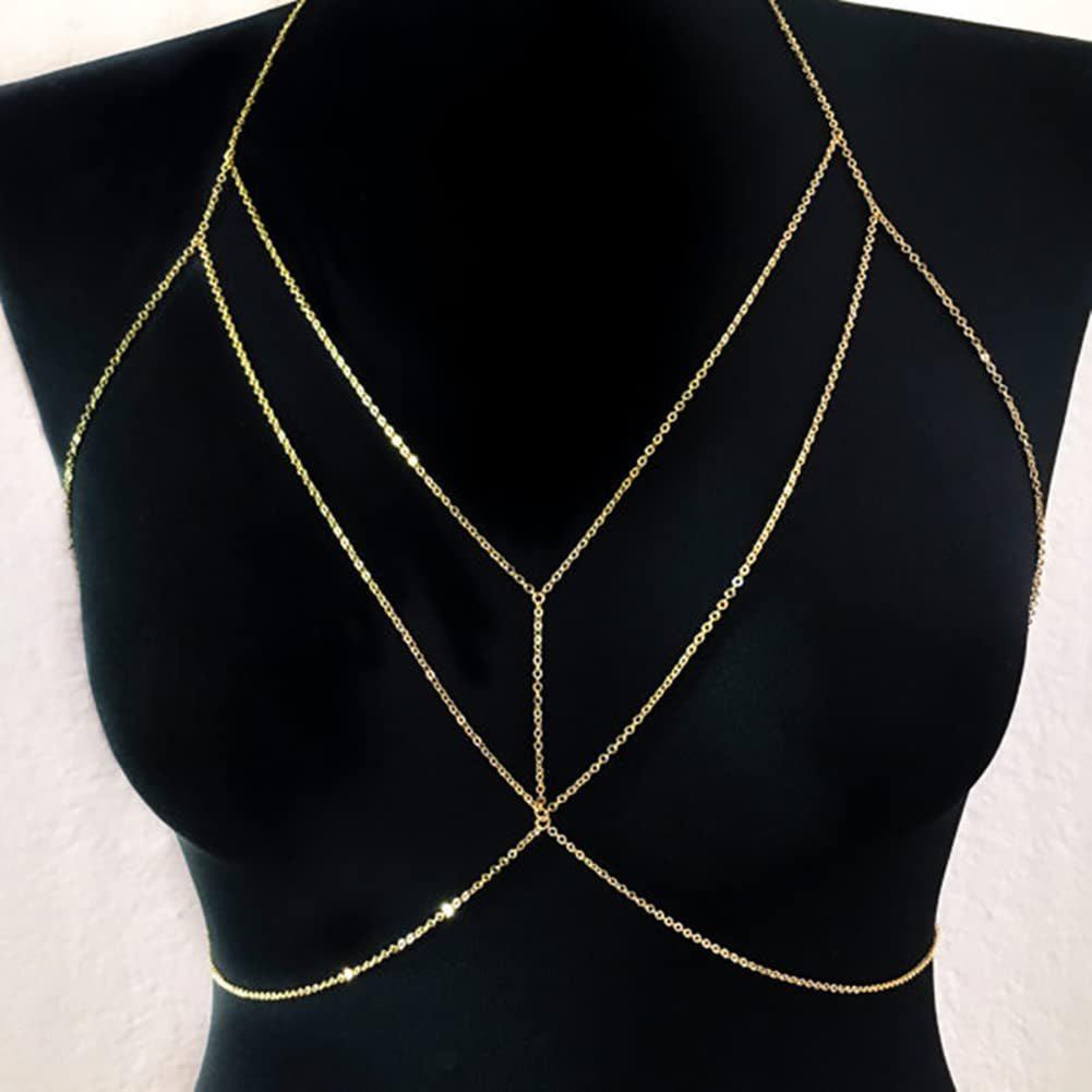 Woent Sexy Bikini Bra Body Chain Gold Cross Breast Chain Lingerie Necklace Accessories Nightclub Jewelry Adjustable for Women and Girls Apparel & Accessories > Jewelry > Body Jewelry Woent