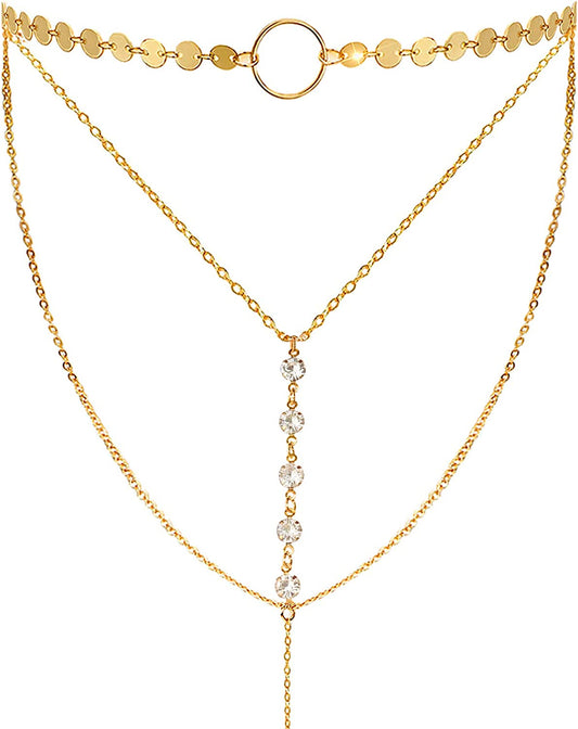 Suyi Stylish Layered Sequins Choker Necklace with Thin Long Chain Pendant for Women Lady Girl Apparel & Accessories > Jewelry > Necklaces Suyi Crystal Gold